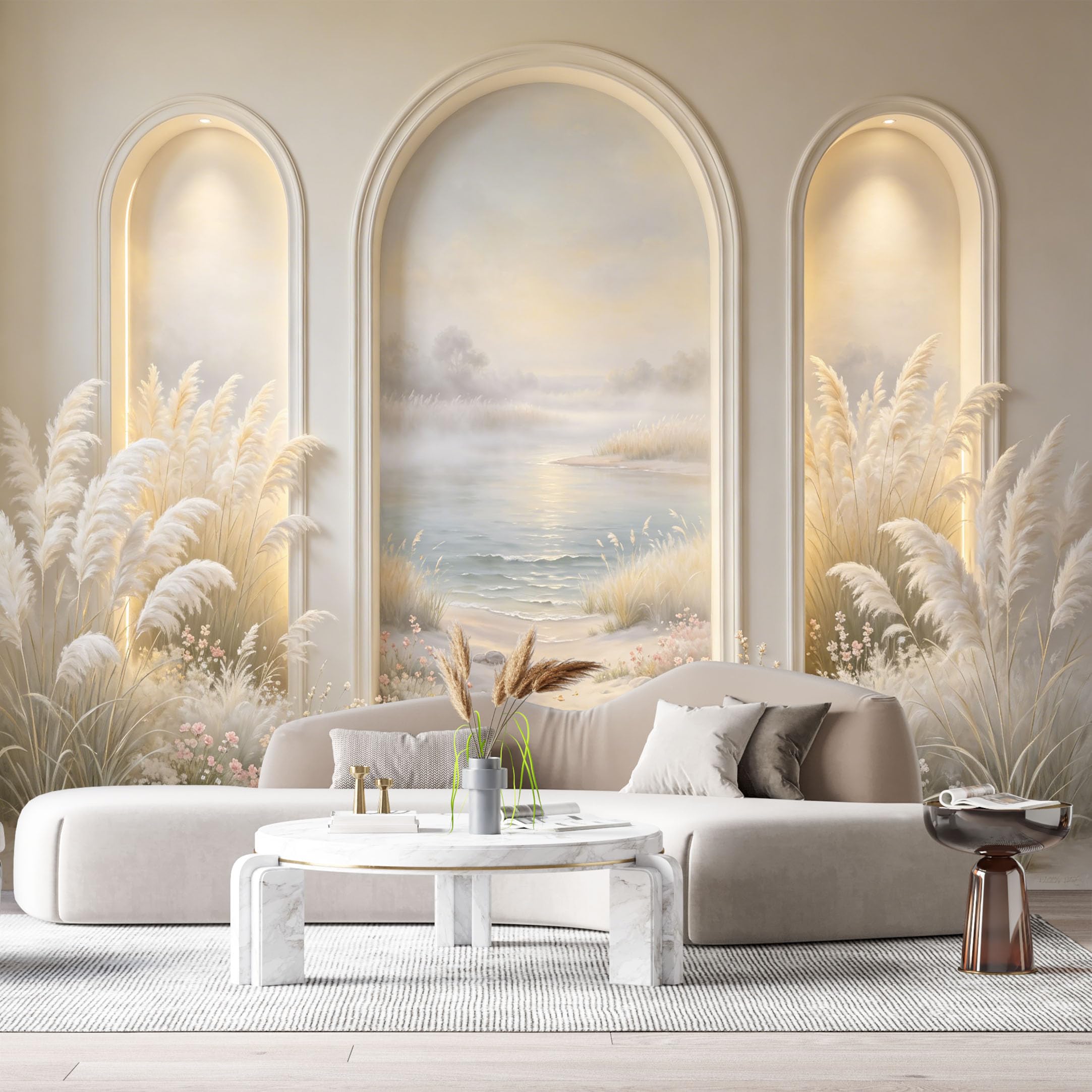 Custom Size Wall Murals Coastal Lake Landscape Neoclassical Arch 3D Trompe L'Oeil SelfAdhesiveWall Fabric Removable Wallpaper Wall Decor for Living Room Bedroom Bathroom
