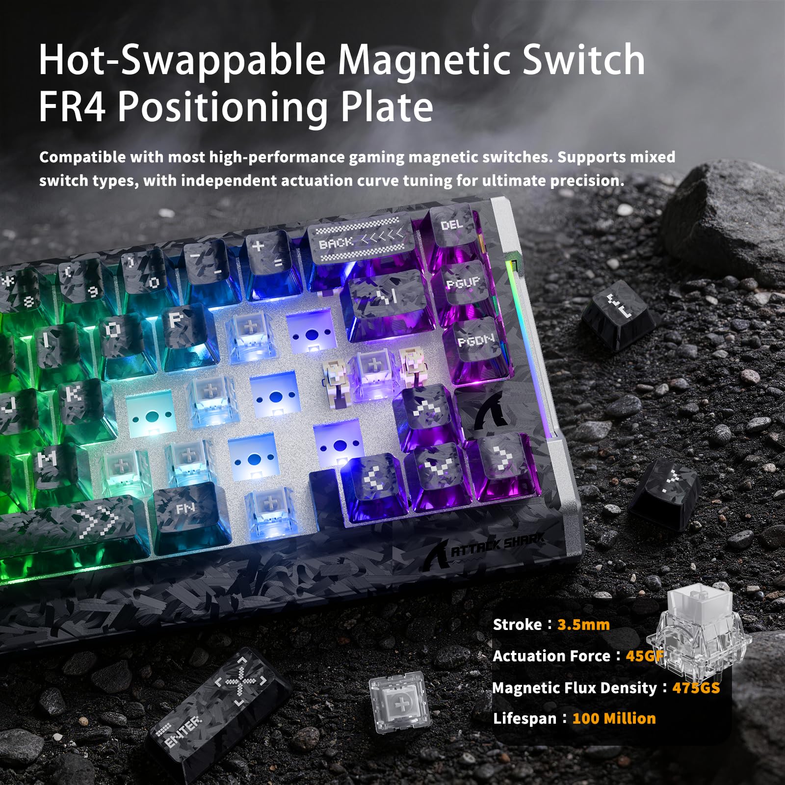 MAMBASNAKE ATTACK SHARK R68 HE Carbon Fiber Rapid Trigger Keyboard, Wired 8KHz Magnetic Keyboard, 0.005mm RT Accuracy, Forged Carbon Fiber Keycaps, 6-Layer Acoustic Damping Stack, Dual Driver, Black