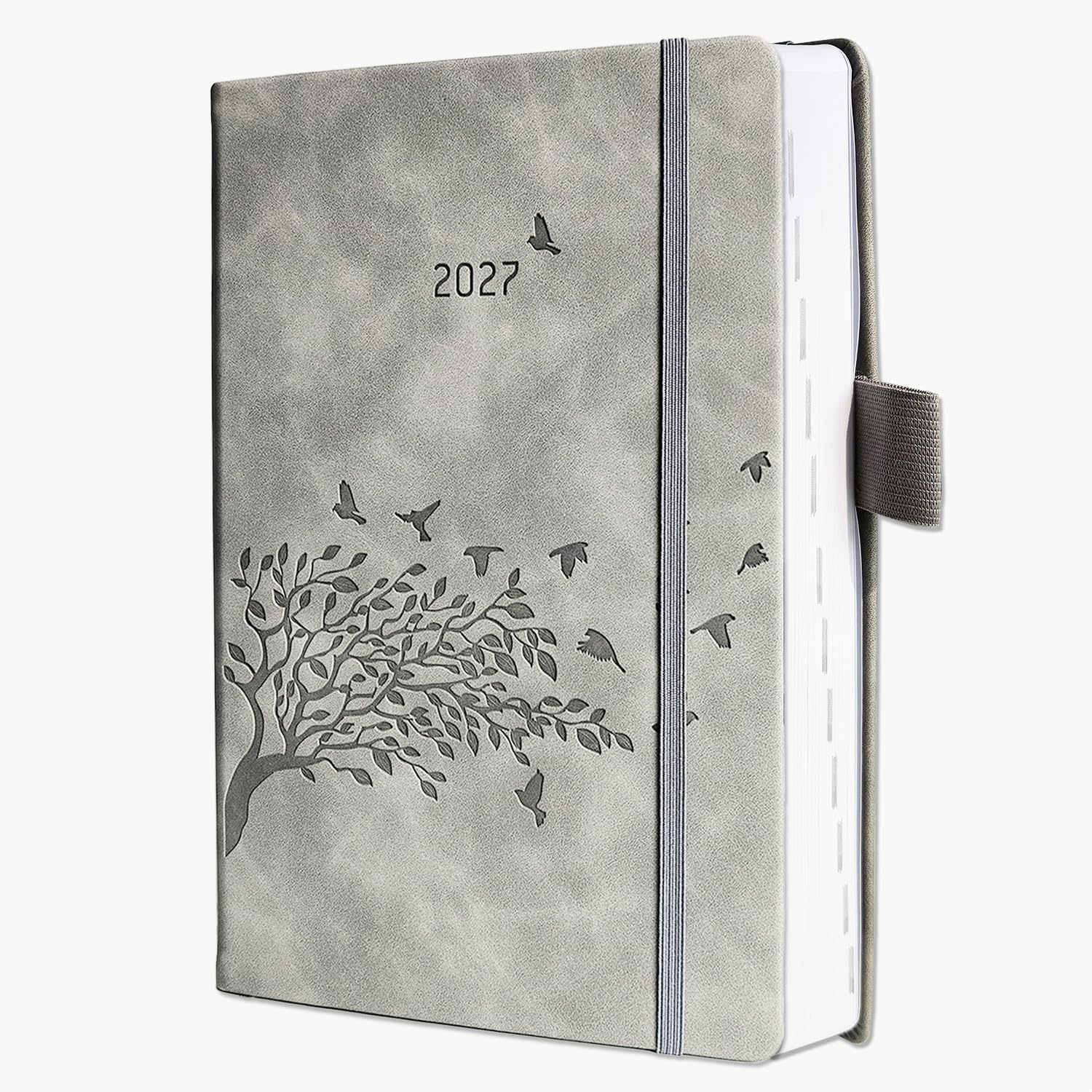Diary 2027 Day per Page A5 | Daily Planner with Monthly Tabs, Back Pocket, Pen Holder, 2 Bookmarks, Notes & UK Holidays | PU Hardcover & Elastic Closure | Jan-Dec 2027 | For Family, Office & School
