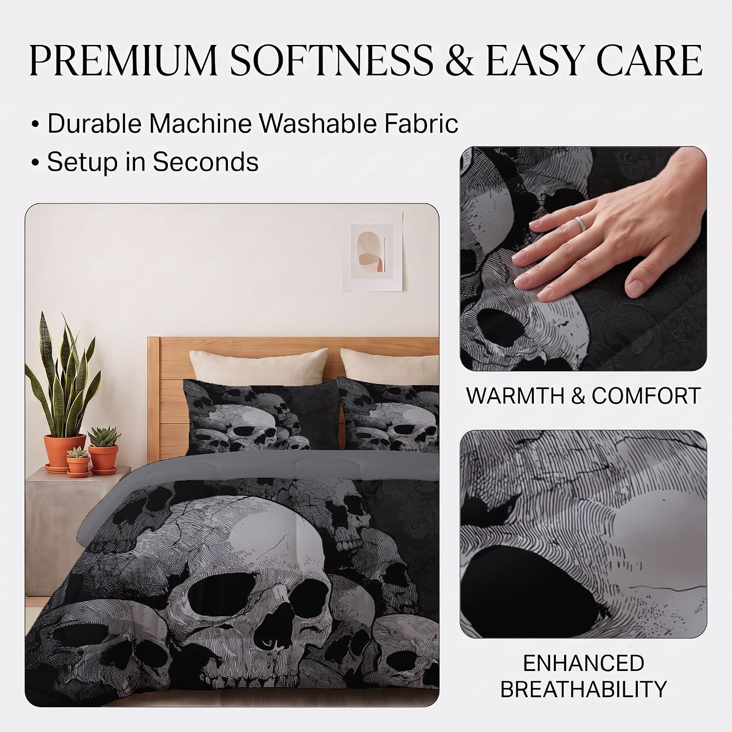 Eerie Gothic Quilt King Size Gray Quilt Bedding Set | 3 Pieces Soft Lightweight Microfiber Skull Bedspread Coverlet Set for All Season, 104"X90"