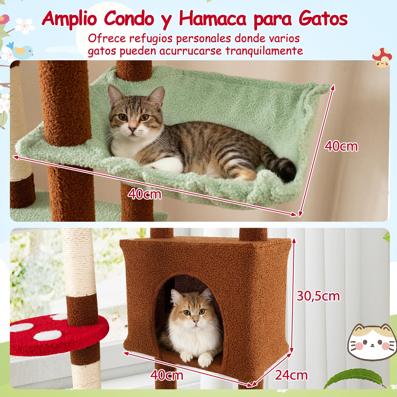 COSTWAY Árbol Rascador para Gatos de Suelo a Techo, Torre Rascador Alta para Gatos, Ajustable de 207-277 cm, con Condo y Hamaca, Cesta Colgante, Postes para Rascar de Sisal, 2 Pelotas con Resorte