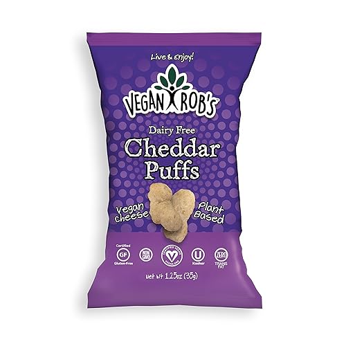 Vegan Rob's Puffs, Cheddar Sin lácteos, hecho con queso vegano, aperitivo sin gluten, a base de plantas, apto para veganos, sin OMG, bolsas de