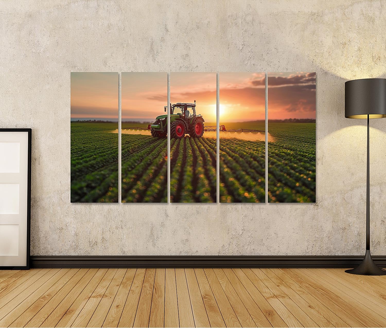 islandburner Imagen de Prime sobre lienzo tractor rociado en campos de puesta de sol en el campo, sol en fondo imágenes murales carteles