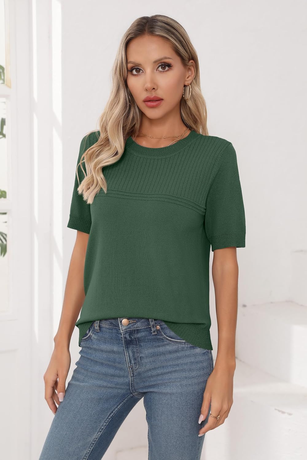 Bettysays Womens Short Sleeve Sweaters Summer Tops Crew Neck Hollow Out Pullover Shirt Lightweight Knit Sweaters - Image 4