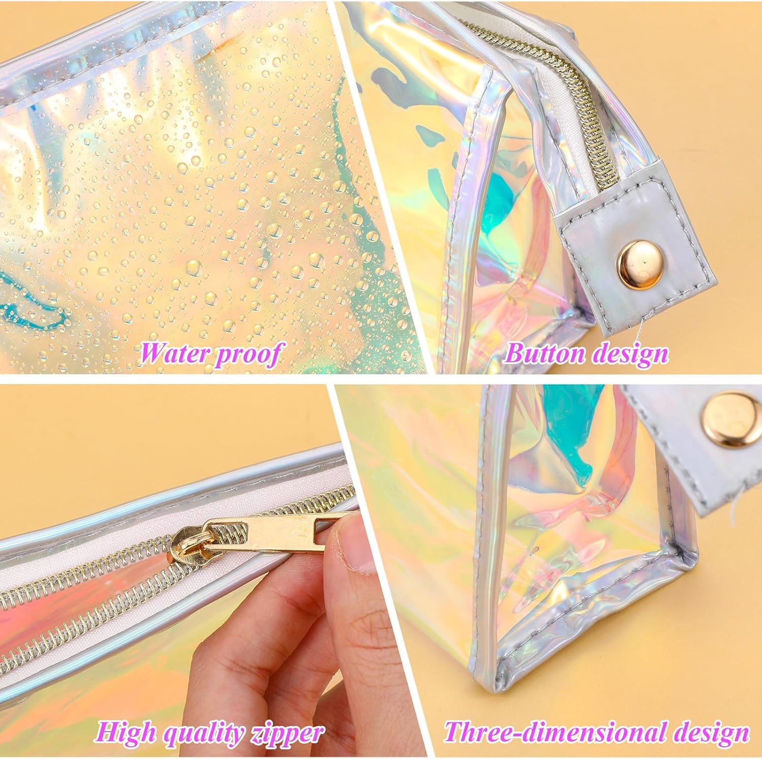 10PCS Holographic Makeup Bags Bulk, Clear PVC Make up Bag with Zipper Travel Cosmetic Pouches Iridescent Pouch Portable Zipper Toiletry Waterproof Cosmetic Bags for Women/Bathroom/Vacation - Image 3