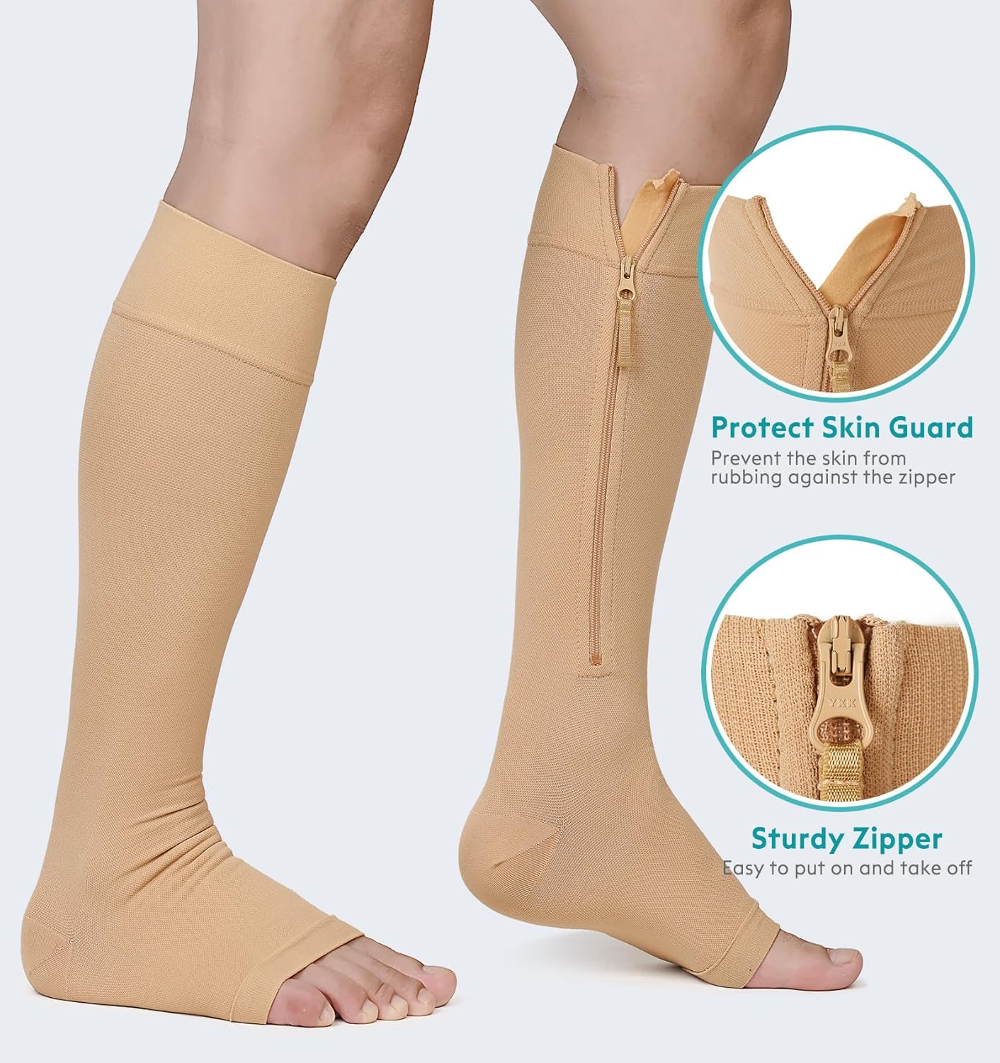 NURCOM Zipper Copper Compression Socks Open Toe Beige 15-20 mmHg Knee High Stockings, Designed for Circulation, Varicose Veins, Swelling, Venous Insufficiency, Post-Operative Recovery, X-Large - Image 2