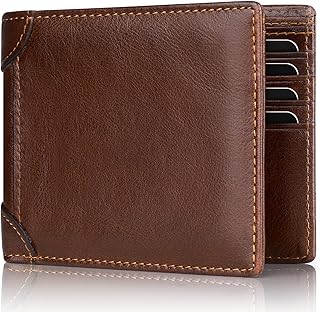 Leather Wallets for Mens Slim Wallets Credit Card Holder RFID Bifold Wallets with Removable ID Windows and 10 Cards Holder Gifts for Him - Brown