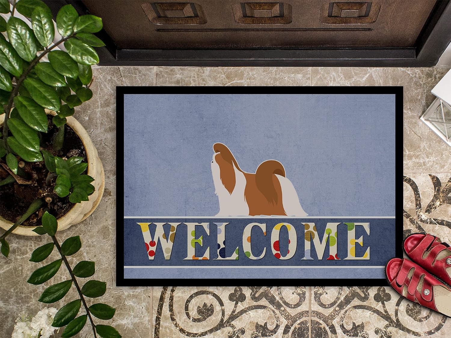 Caroline's Treasures BB5550JMAT Shih Tzu Welcome Doormat 24x36 Front Door Mat Indoor Outdoor Rugs for Entryway, Non Slip Washable Low Pile, 24H X 36W