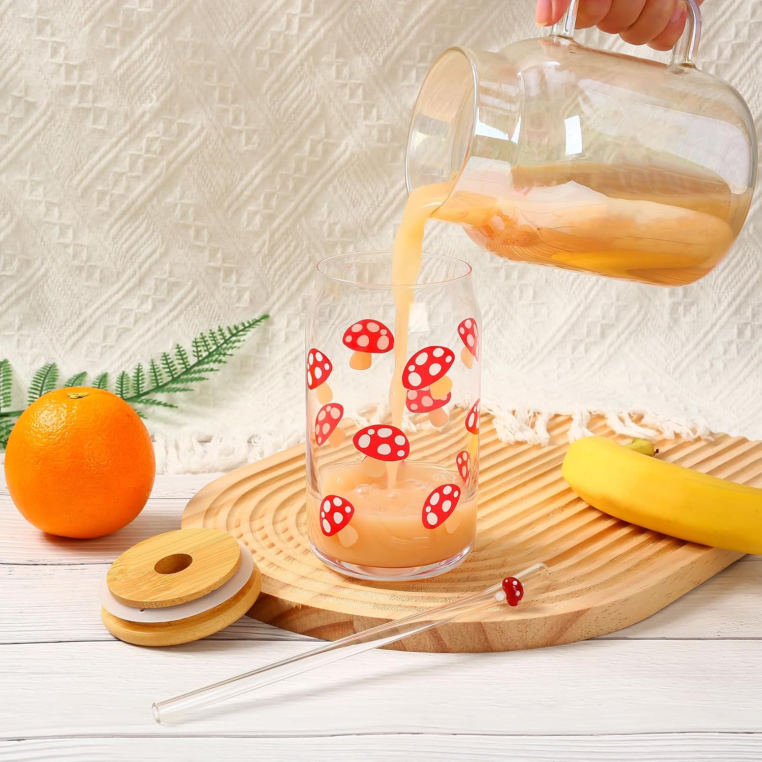 Mushroom Cup 16oz Mushroom Glass Cup with Bamboo Lid and Straw, Mushroom Things Mushroom Stuff, Mushroom Drinking Cup Coffee Tea Soda Mug Tumbler, Mushroom Gifts for Women Mushroom Lovers - Image 3