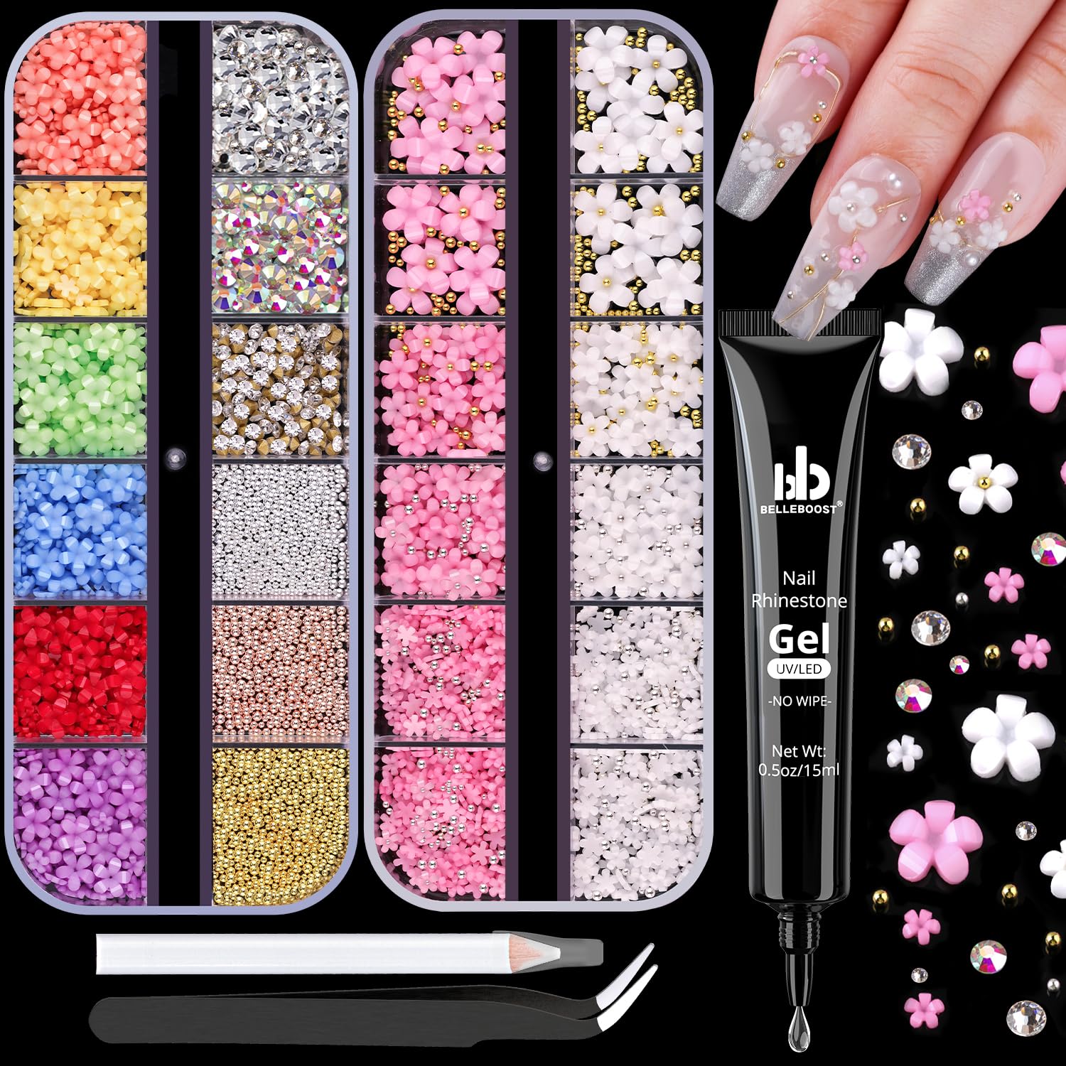 3D Flowers Nail Charms and Gems with Nail Rhinestone Glue Gel, Cute Colorful Acrylic 3D Flowers for Nails with Caviar Beads, Rhinestones for Nails and