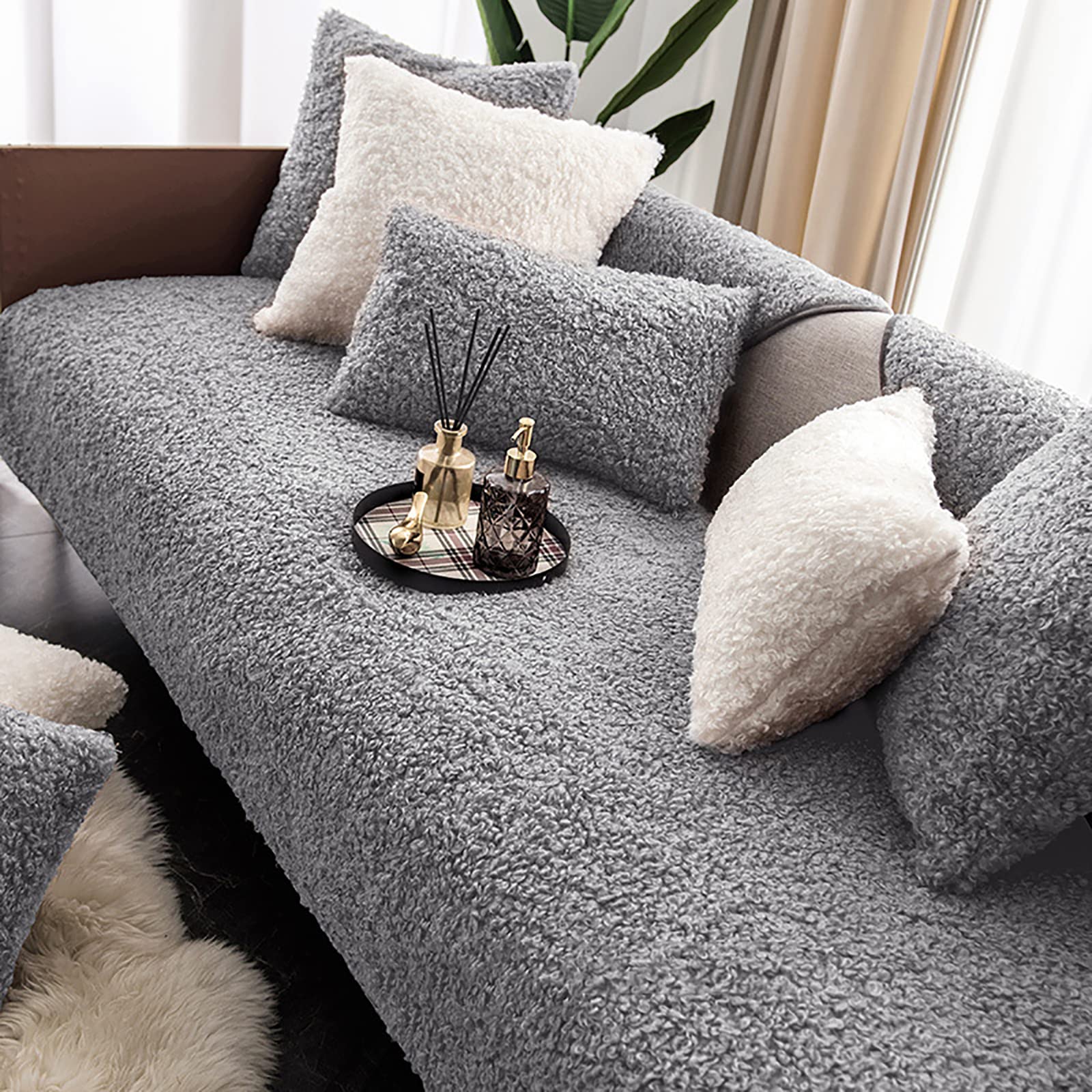 SAZDFY Velvet Sectional Couch Cover,Thick Soft Warm Sofa Cover For Living Room,Anti-skid L Shape Sofa Cover For Kids Dogs Pet Furniture Protector-Gray 90x210cm(35x83inch)