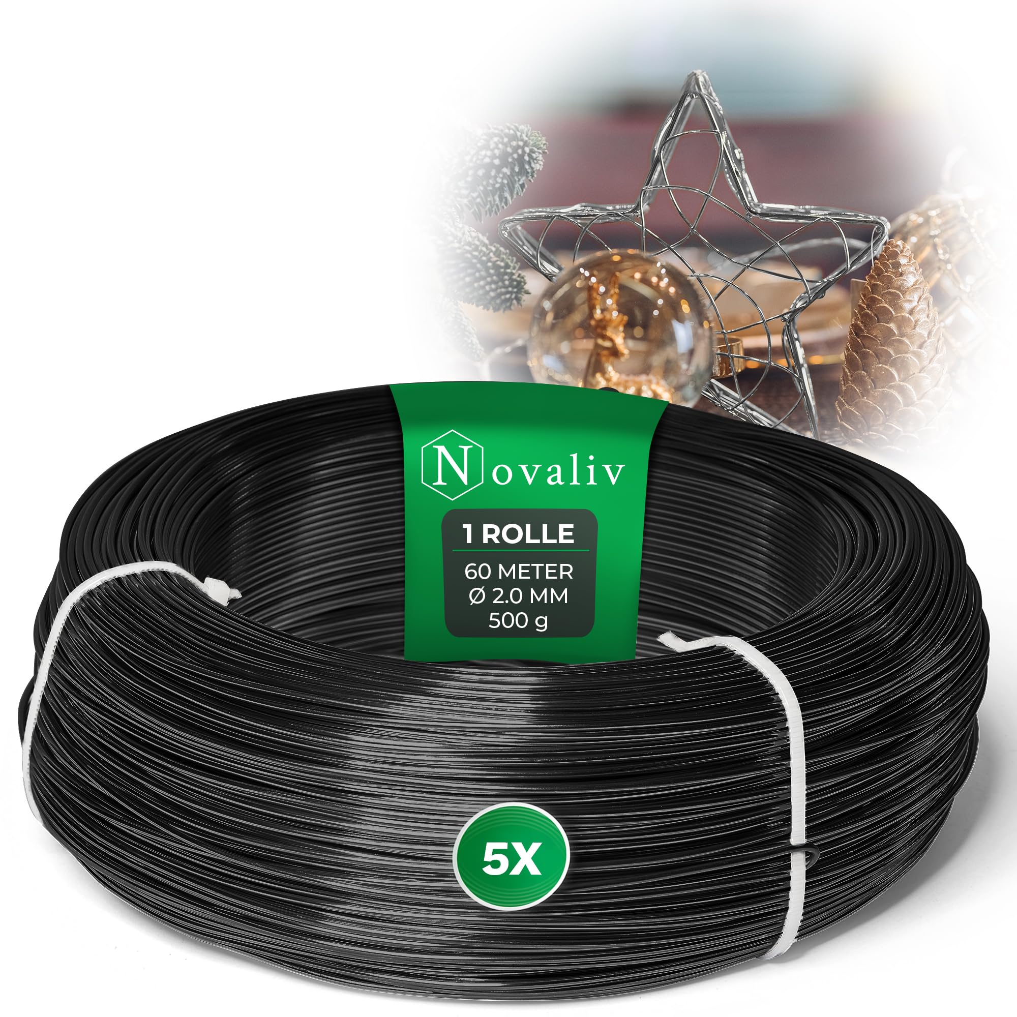 Novaliv Filo di alluminio da 300 metri, 2 mm, nero, ideale come filo per lavori fai da te, versatile per progetti fai da te e decorazioni, rotolo da 60 m, filo decorativo, filo per fiori, senza filo