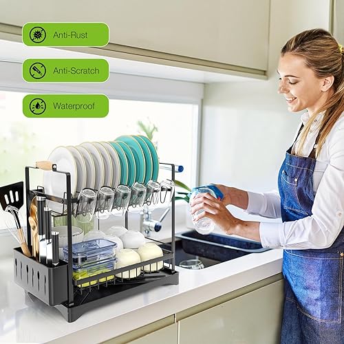 Miniatura 8 de Housmile Escurridor de platos, escurridor de platos de gran capacidad para encimera de cocina, escurridor de platos de acero inoxidable, estante de