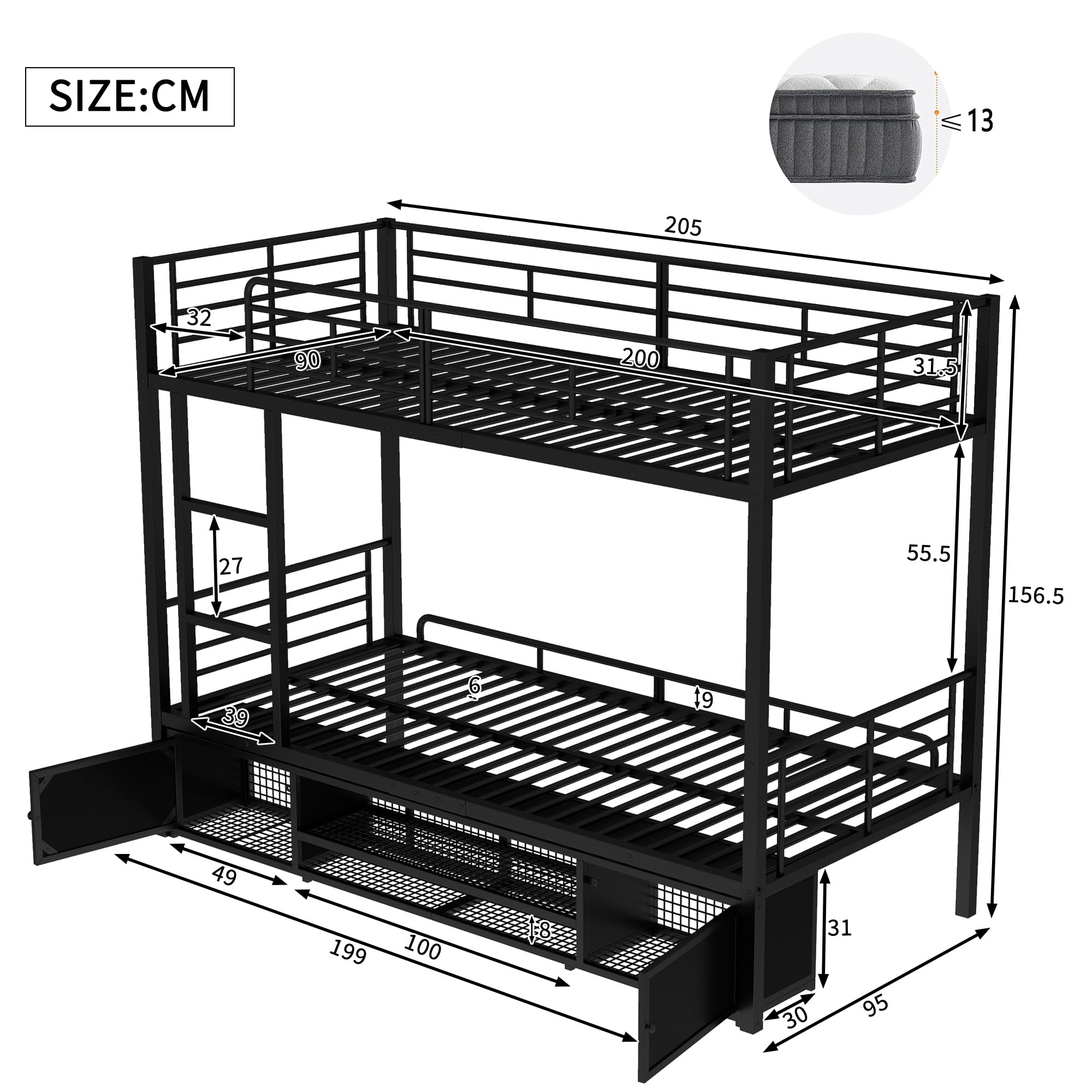 Cama con marco de hierro, litera, negro, 90 x 200 cm, zapatero abierto, armario de almacenamiento de doble puerta, con escalera lateral, rejilla protectora, sin colchón