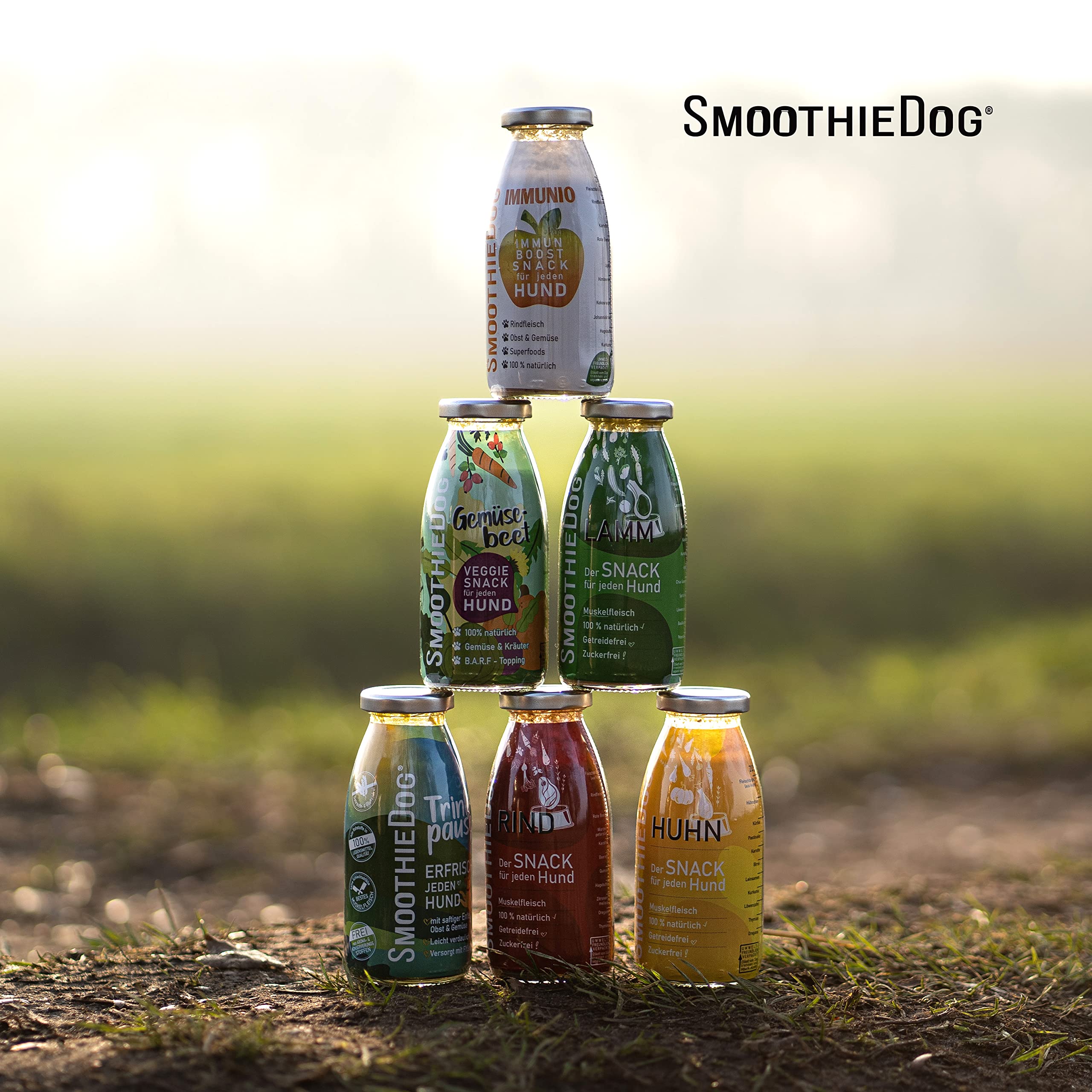 Hunde Smoothie SmoothieDog 6er Mix - je 1x: Huhn, Rind, Lamm, Trinkpause (Ente), Immunio (Rind), Gemüsebeet (vegetarisch) - Flüssiges Hundeleckerli - Zucker- & glutenfrei - je 250ml