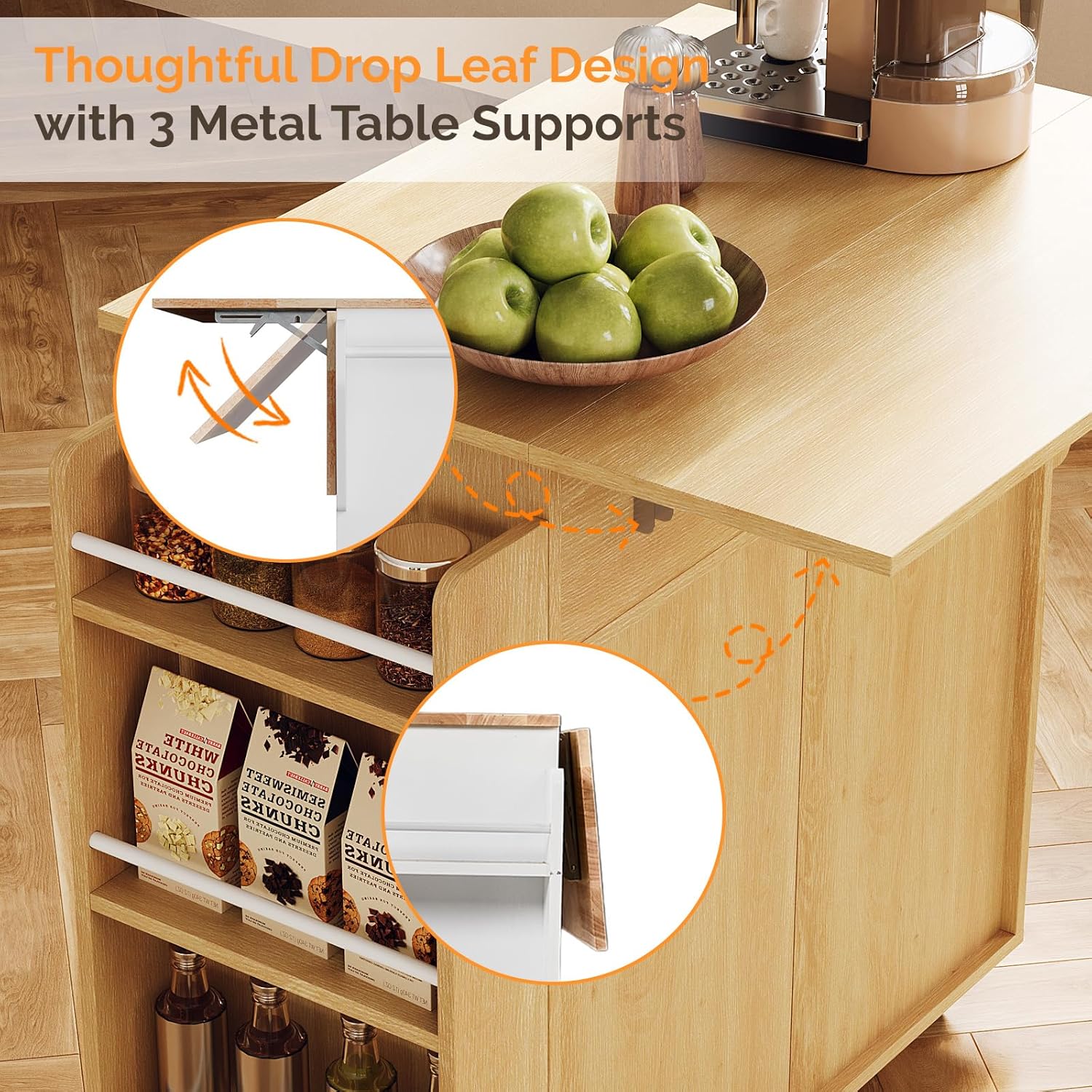 VINGLI Kitchen Island with Storage, Rolling Cart on Wheels with Foldable Drop Leaf, Drawer & Door Cabinet, Portable Kitchen Cart for Meal Prep & Organization, Oak