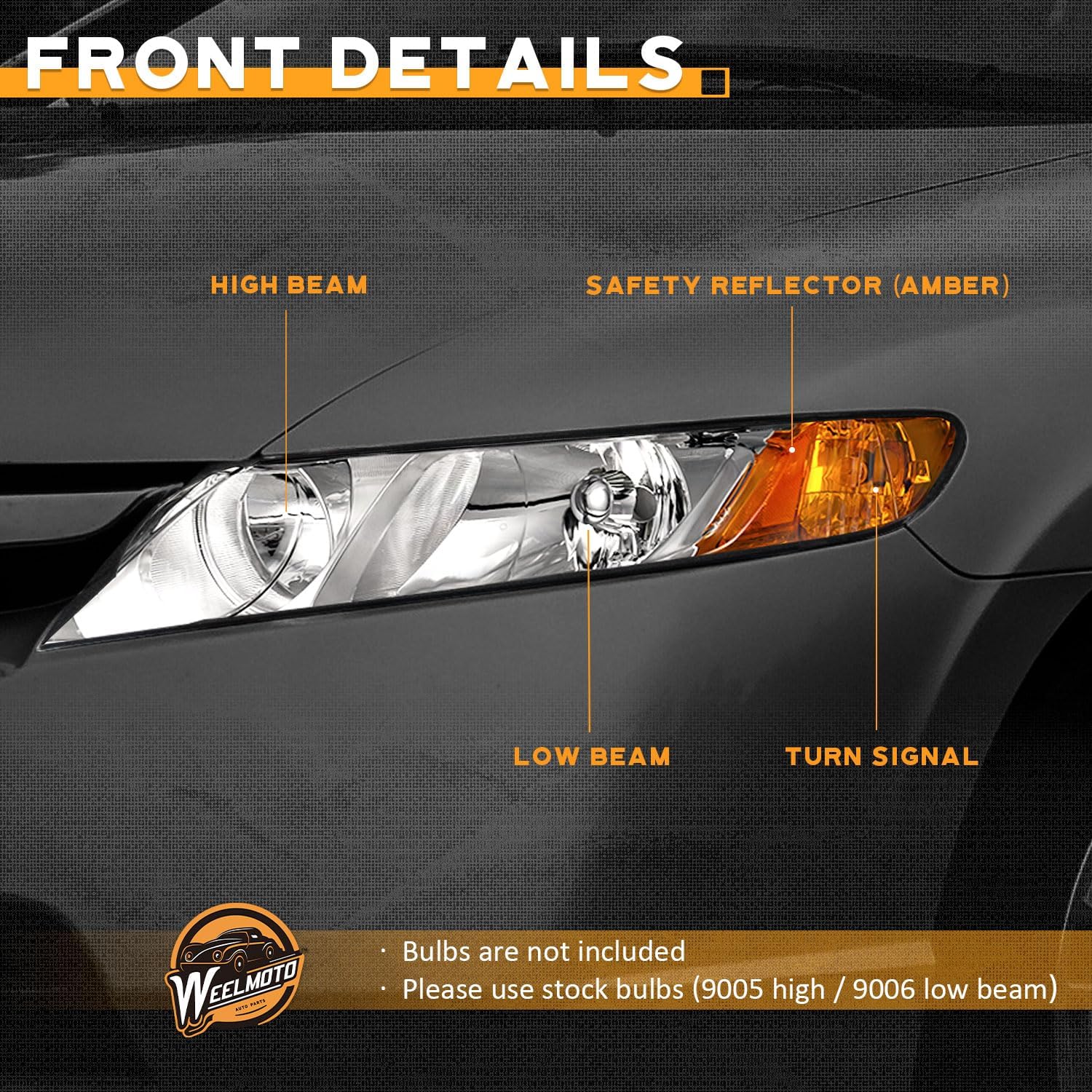 WEELMOTO for 2006-2011 Honda Civic 4-Door Headlights Replacement for Headlight Pair Headlamp Chrome Housing Amber Reflector Left+Right Side (Does NOT fit 2-Door Coupe models
