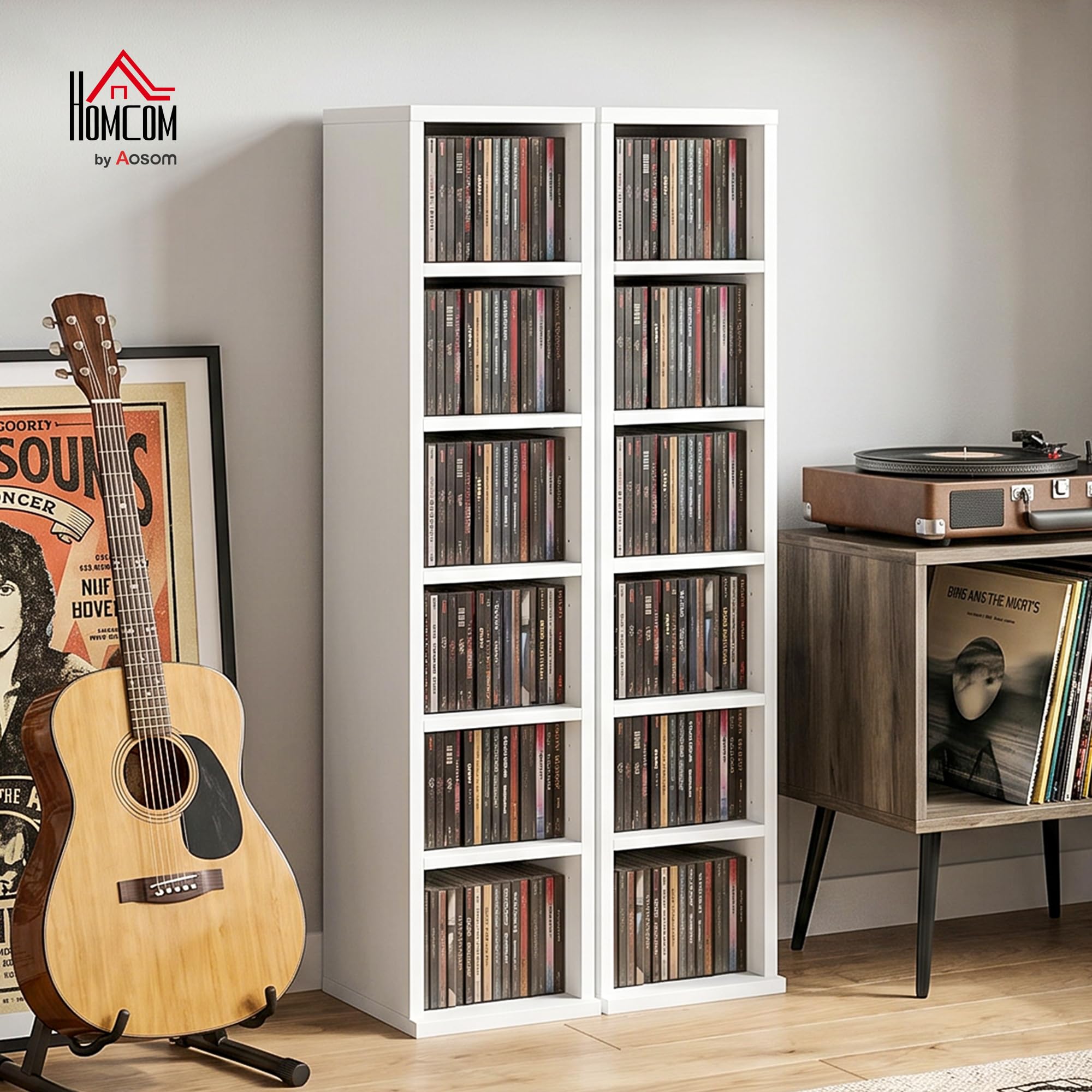 HOMCOM CD-, DVD- und Blu-ray-Regal 2er Set Stapelbar 21x22,5x88,5 cm Weiß | CD-Regal, Standregal mit 5 Verstellbaren Einlegeböden, Medienregal, Dekoregal Aufbewahrung