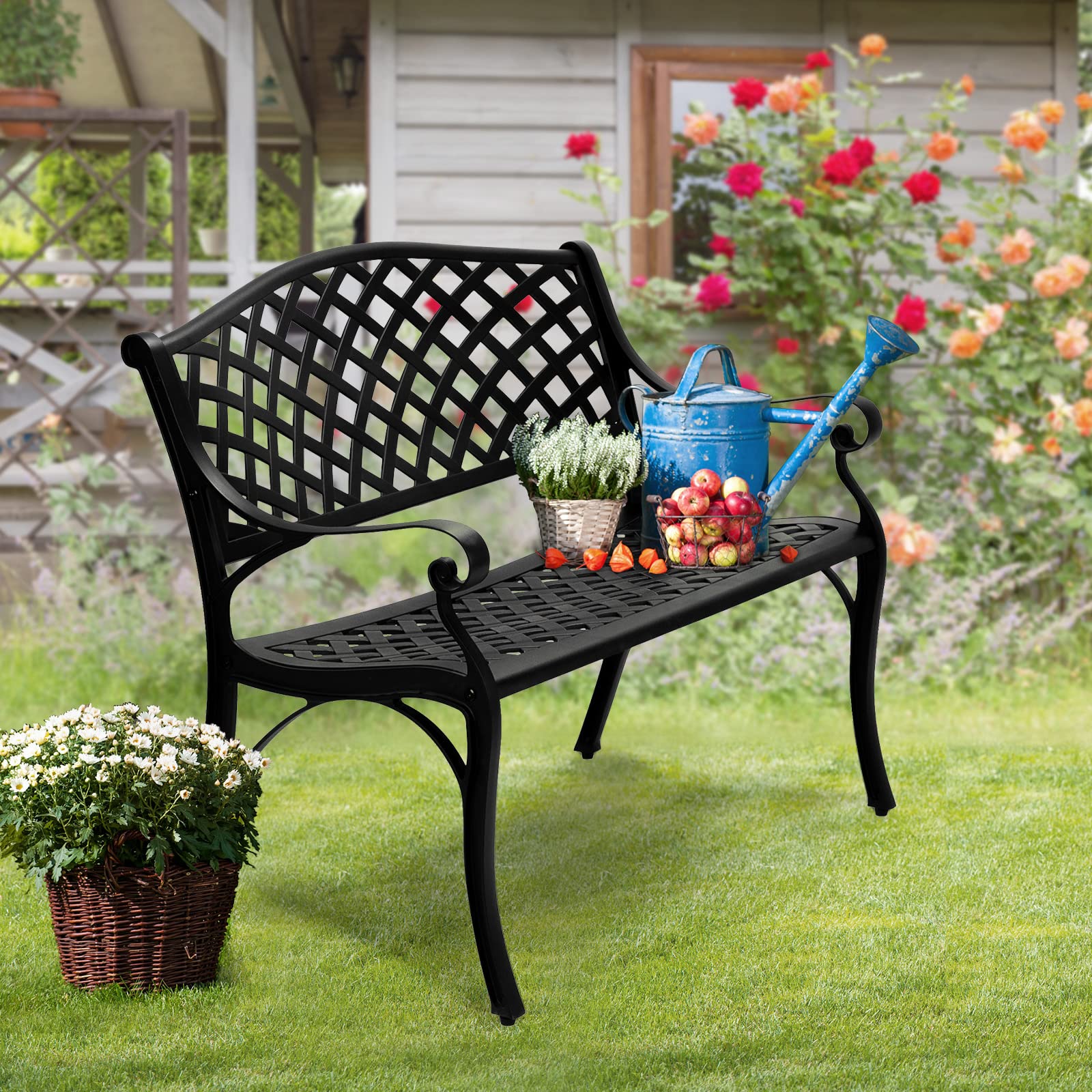 VINGLI Gartenbank Metall Aluminium,Wetterfeste Gartenbank für 2 Sitzer,Sitzbank Outdoor,Bänke für Terrase, Balkon, Garten, Hof,102 * 58 * 84cm