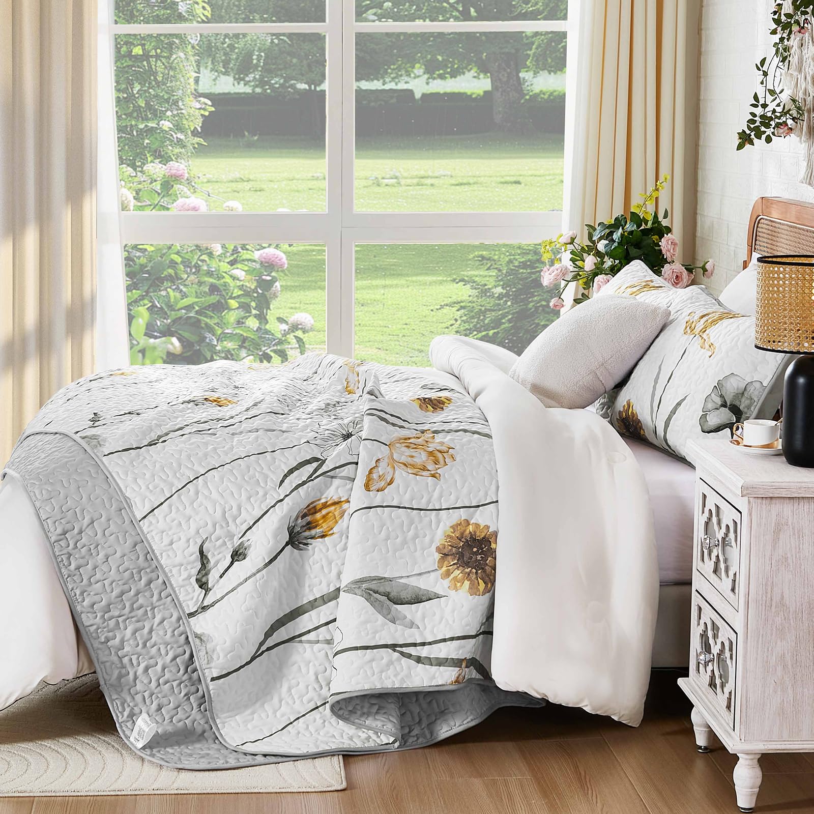 WONGS BEDDING Floral Quilt Set King,Grey And Yellow Bedspread Coverlet Bedding Set With 2 Pillowcase,Lightweight Cute Summer Floral Bedding Set For All Season (104"x90