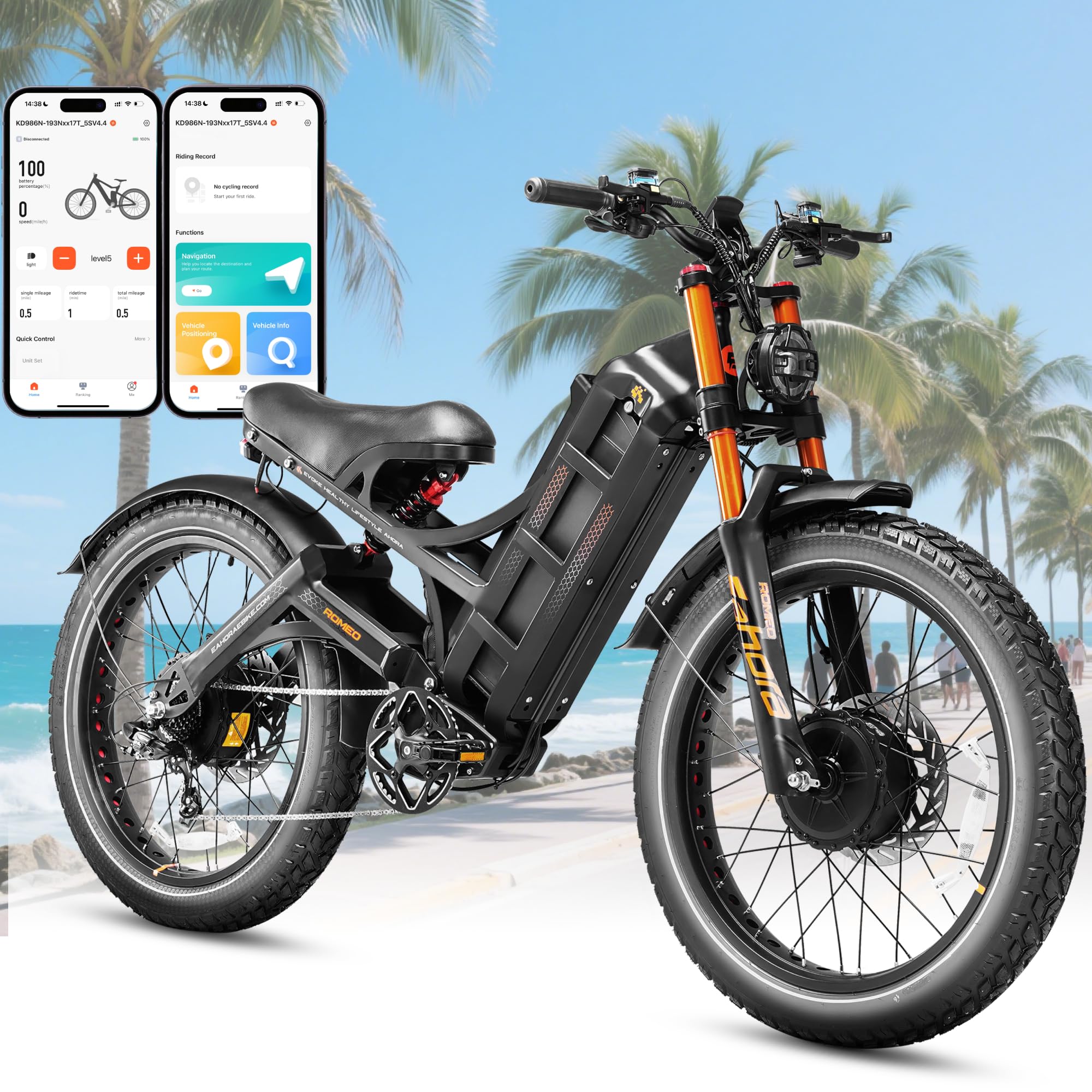 eAhora Romeo Pro 3/2 [2025] 46-50 Mph Electric Bike for Adults, Peak 5600W Dual Motor Ebike, 60V 80Ah 250 Miles Long Range E Bike, 26”*4.0 Fat Tire Air Full Suspension Off-Road E-Bike