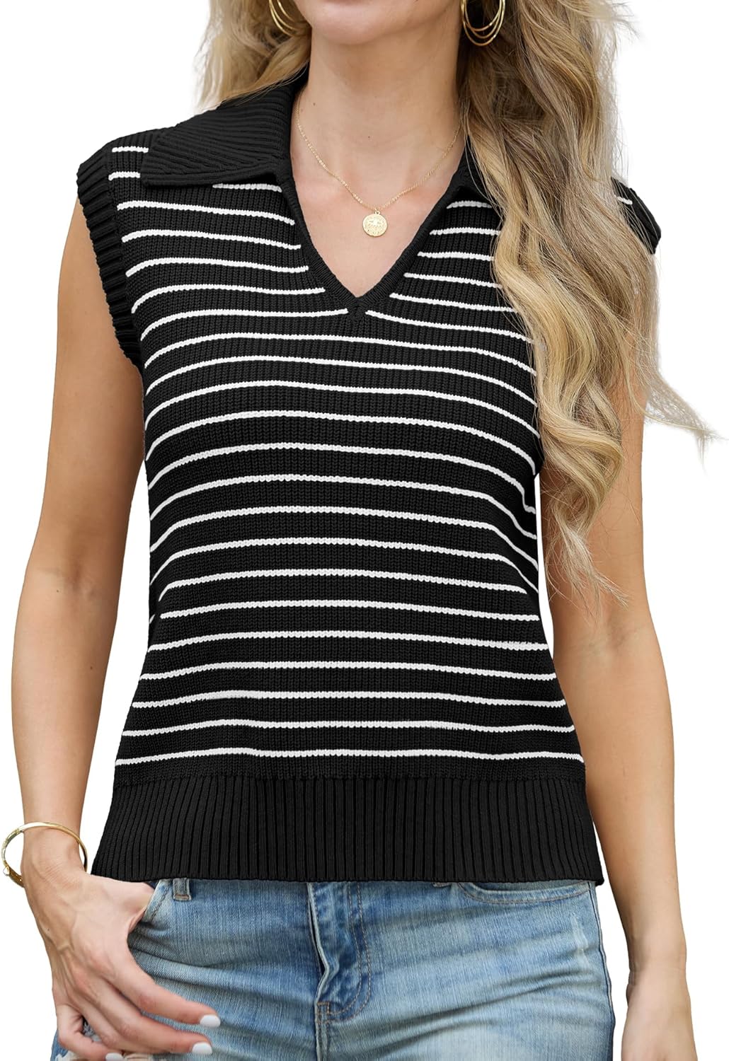 IWOLLENCE Women's Casual Sweater Vest Cap Sleeve Knit Pullover V Neck Sleeveless Tank Tops 2025 Spring Summer Clothes Large 02 Black
