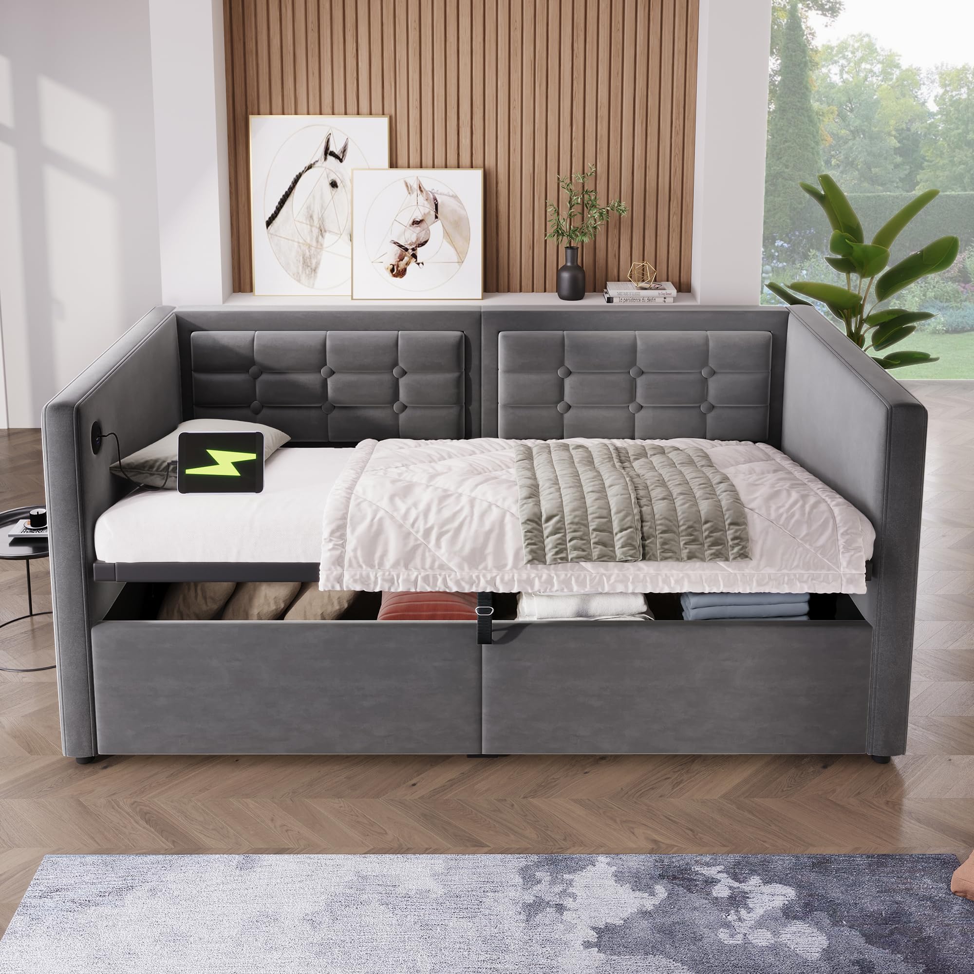 Schlafsofa Tagesbett 90x200 cm mit Aufbewahrungstasche und USB-Typ-C, Hydraulisches Bett mit Stauraum, Einzelbett Sofabett Bettgestell mit Lattenrost, Samt, Grau, Ohne Matratze