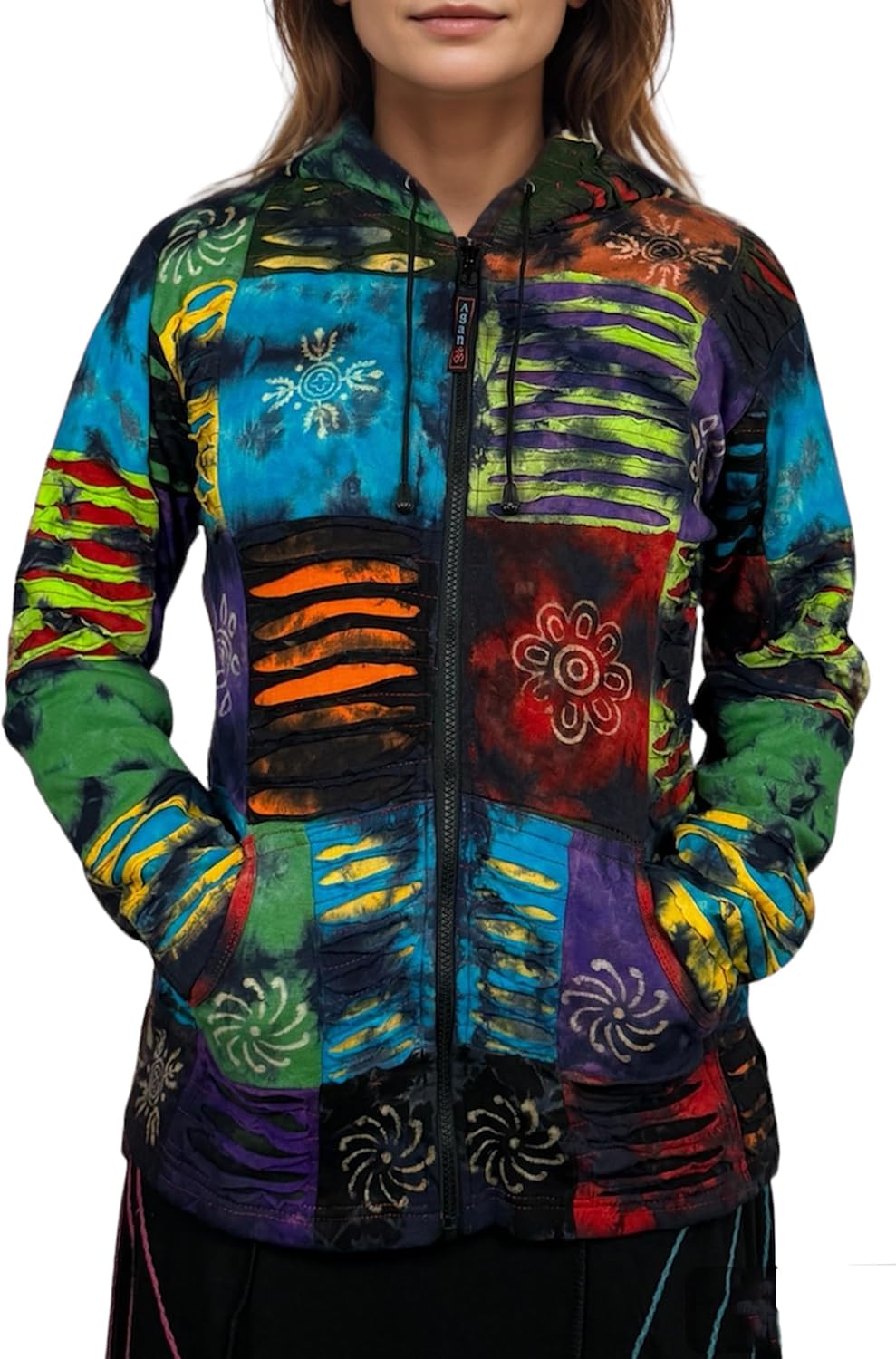 Agan Traders 2025 Summer Women’s Zip-Up Hoodie Sweatshirt – Auspicious Symbols Multi-Colored Patched Light Jackets for Women