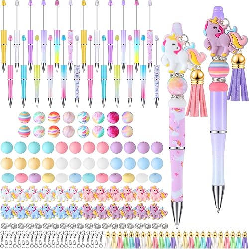 Qilery 24 juegos de bolígrafos de plástico con cuentas de colores surtidos a granel, colgantes, borlas y cierres, bolígrafo de cuentas, kit de