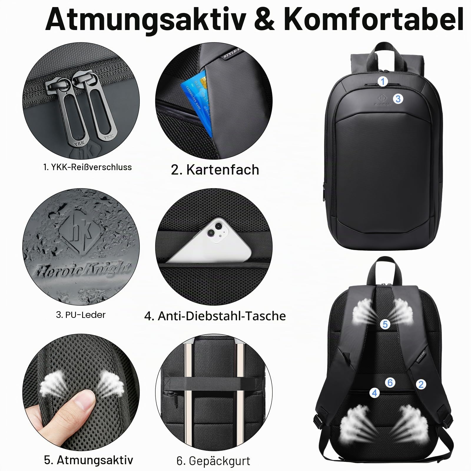 Laptop Rucksack Herren Business Rucksack leicht 15.6 Zoll wasserdichter erweiterbarer Reiserucksack Handgepäck Arbeitsrucksack diebstahlsicherer Tagesrucksack für Büro Uni Reise-Schwarz