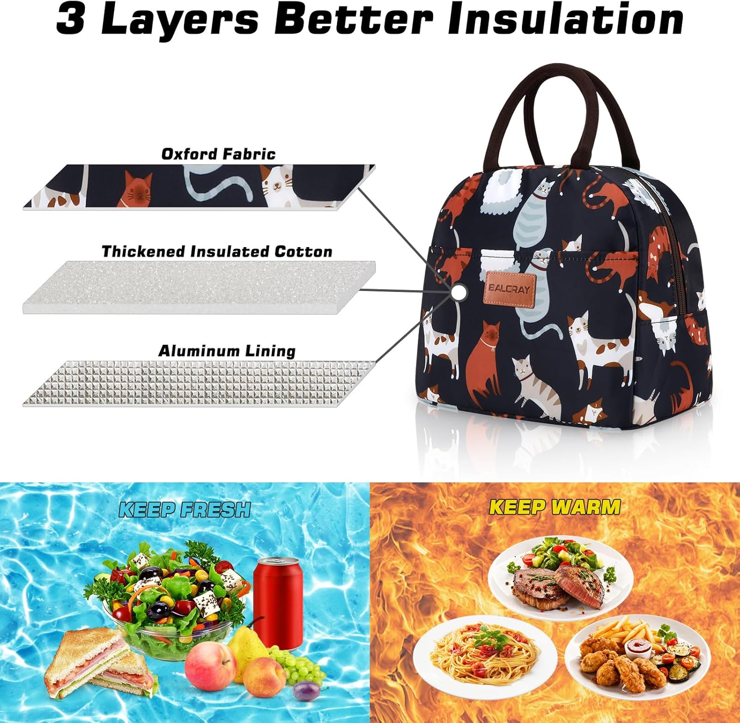 BALORAY Lunch Bag for Women Men Cute Reusable Insulated Lunch Box Large Capacity Lunch Tote Bag for Work, Picnic or Travel(Dark Blue With Cat) - Image 3