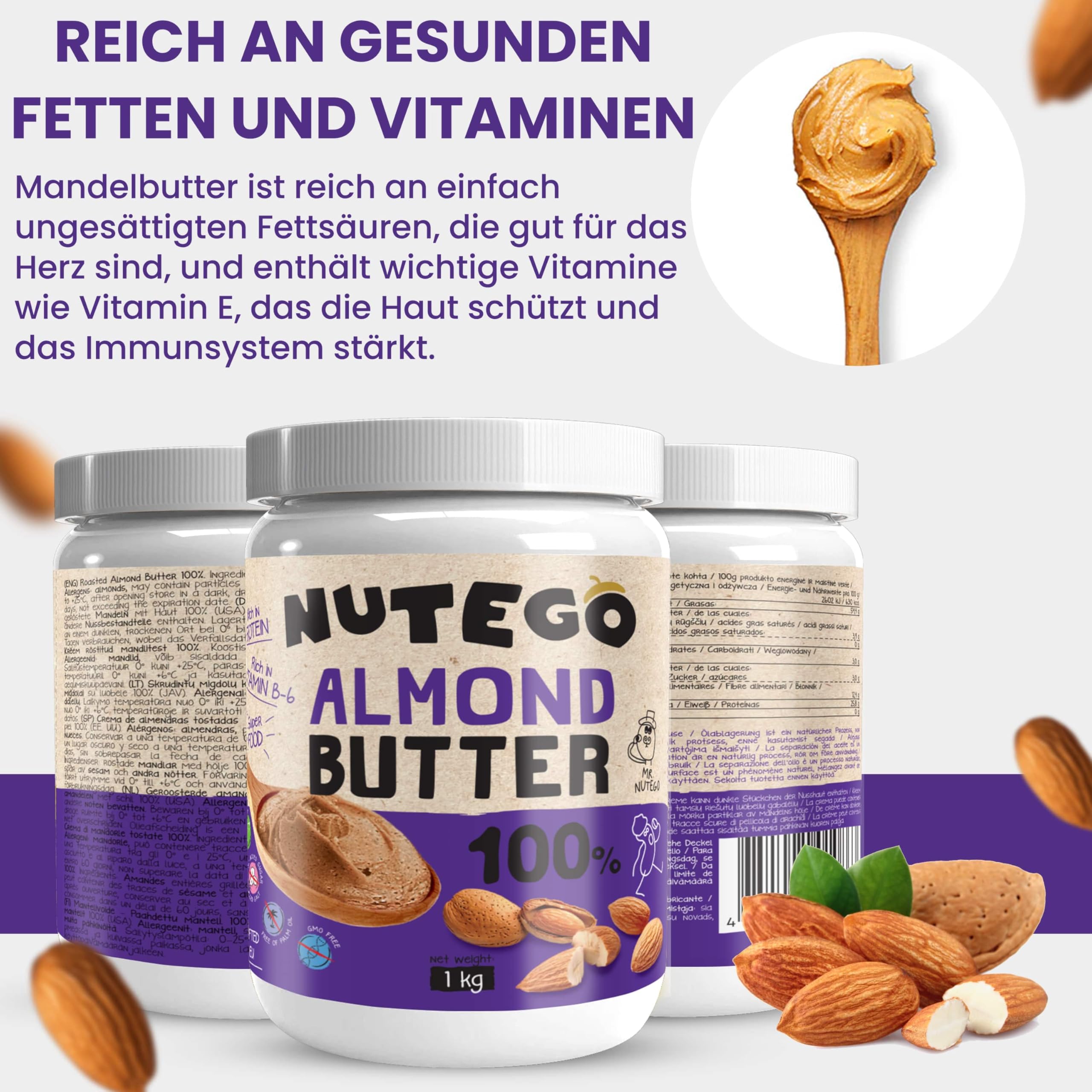 Nutego 100% Cremige Mandelmus 1 KG – Mandelbutter Ohne Zusätze, Salz, Zucker & Palmfett – Vegan, Laktosefrei, Gentechnikfrei