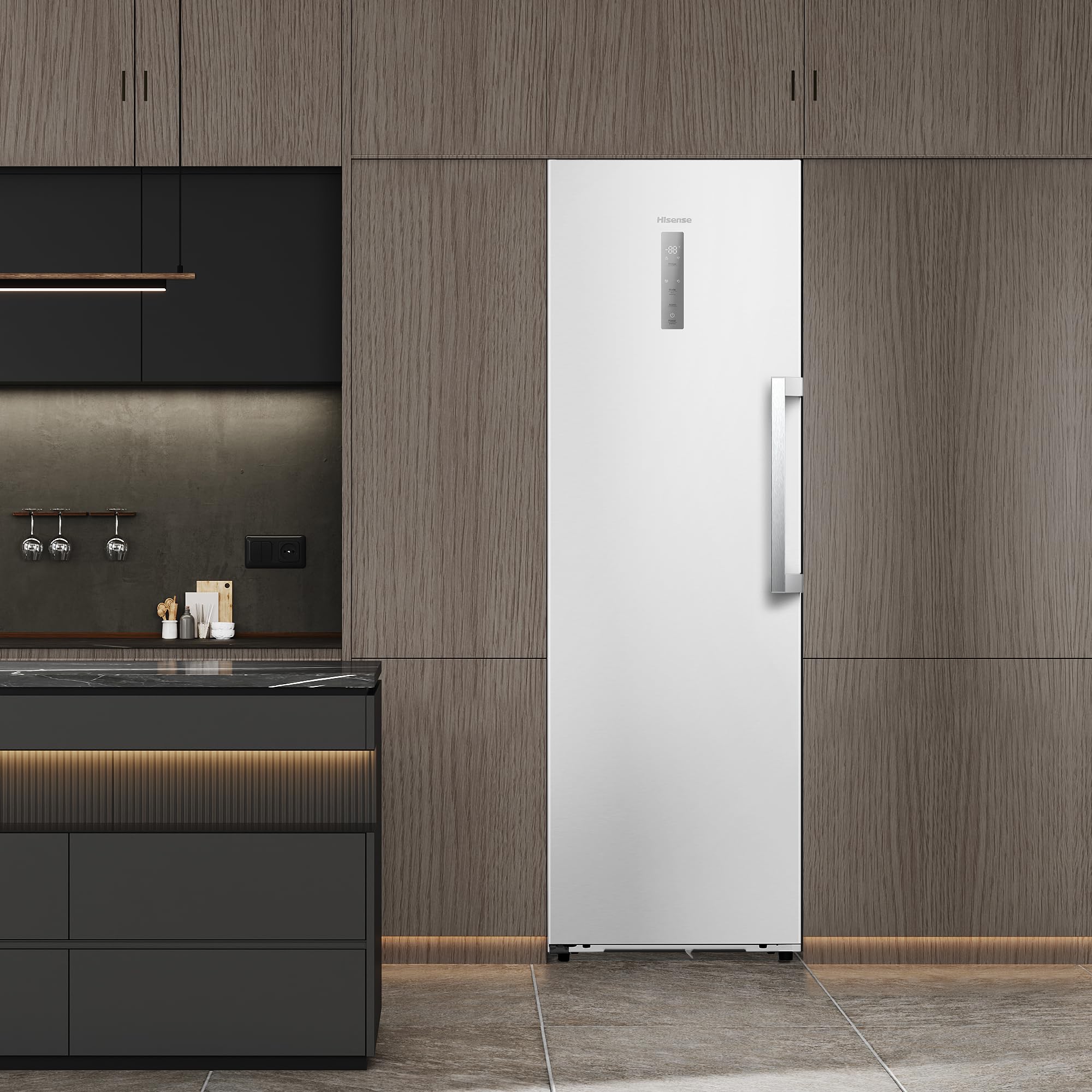 Hisense FT3K310SEWE1 - Congelador Una Puerta Total No Frost Kitchen Fit, 312L, 186cm, Ventilación Inferior, Congelamiento Rápido, Tirador de Apertura Fácil, Apertura de Puerta 90º, WiFi, Blanco