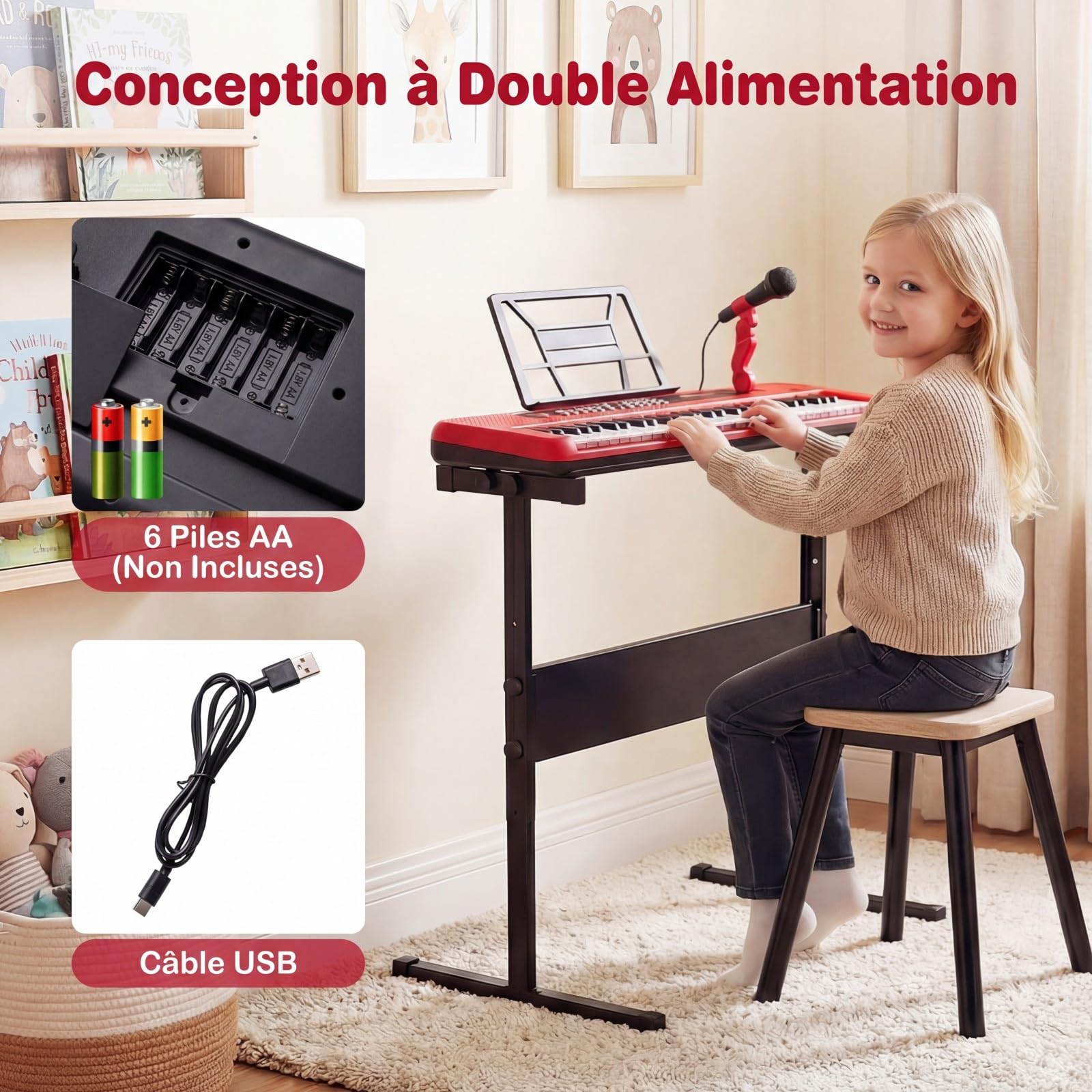 COSTWAY Clavier Piano Enfant 61 Touches avec Microphone et Pupitre, Piano Numérique avec Support Réglable et Amovible, 2 Haut-parleurs, Mode d'apprentissage, Instrument de Musique pour 3 Ans+ (Rouge)