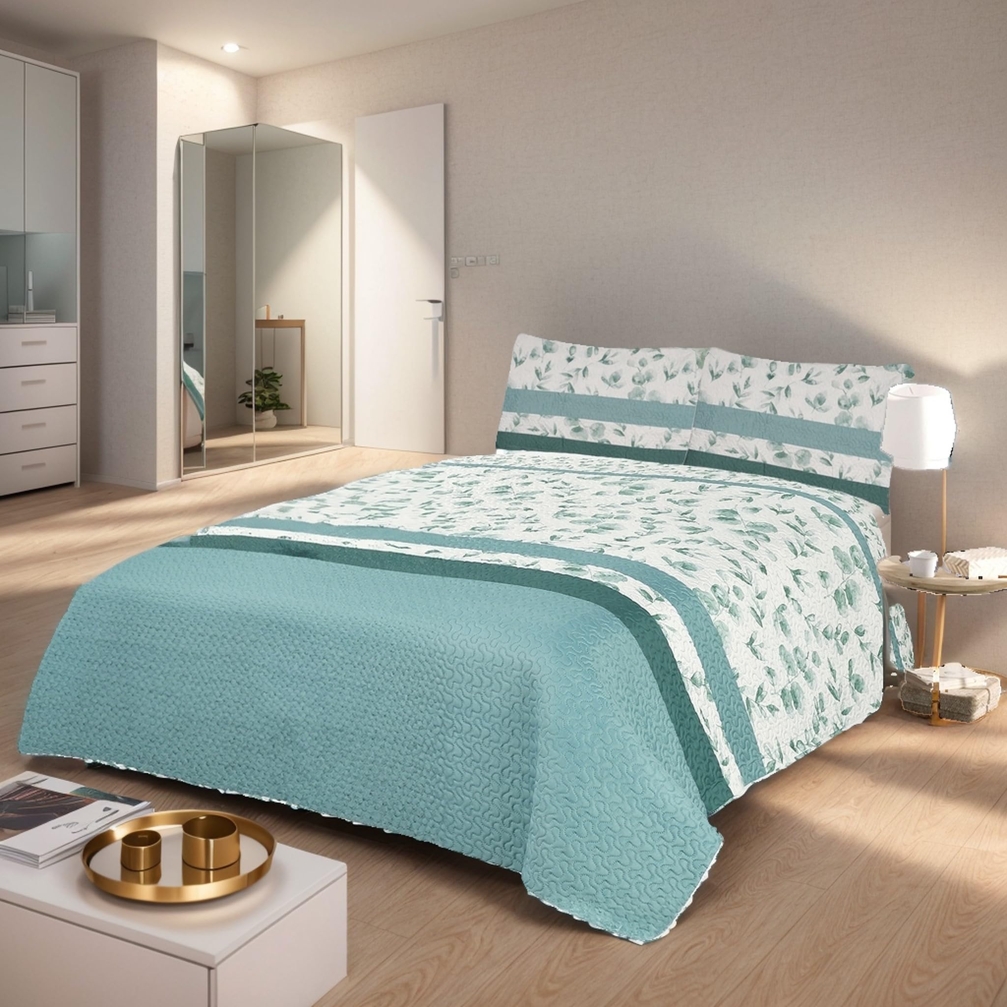 Etrexonline Colcha Bouti 250x260cm Reversible Estampada 100% Microfibra Suave Colcha Cubre Cama Multiusos para Primavera y Verano Incluye 2 Fundas de Cojín, Cama 140/150/160cm - Hoja Verde