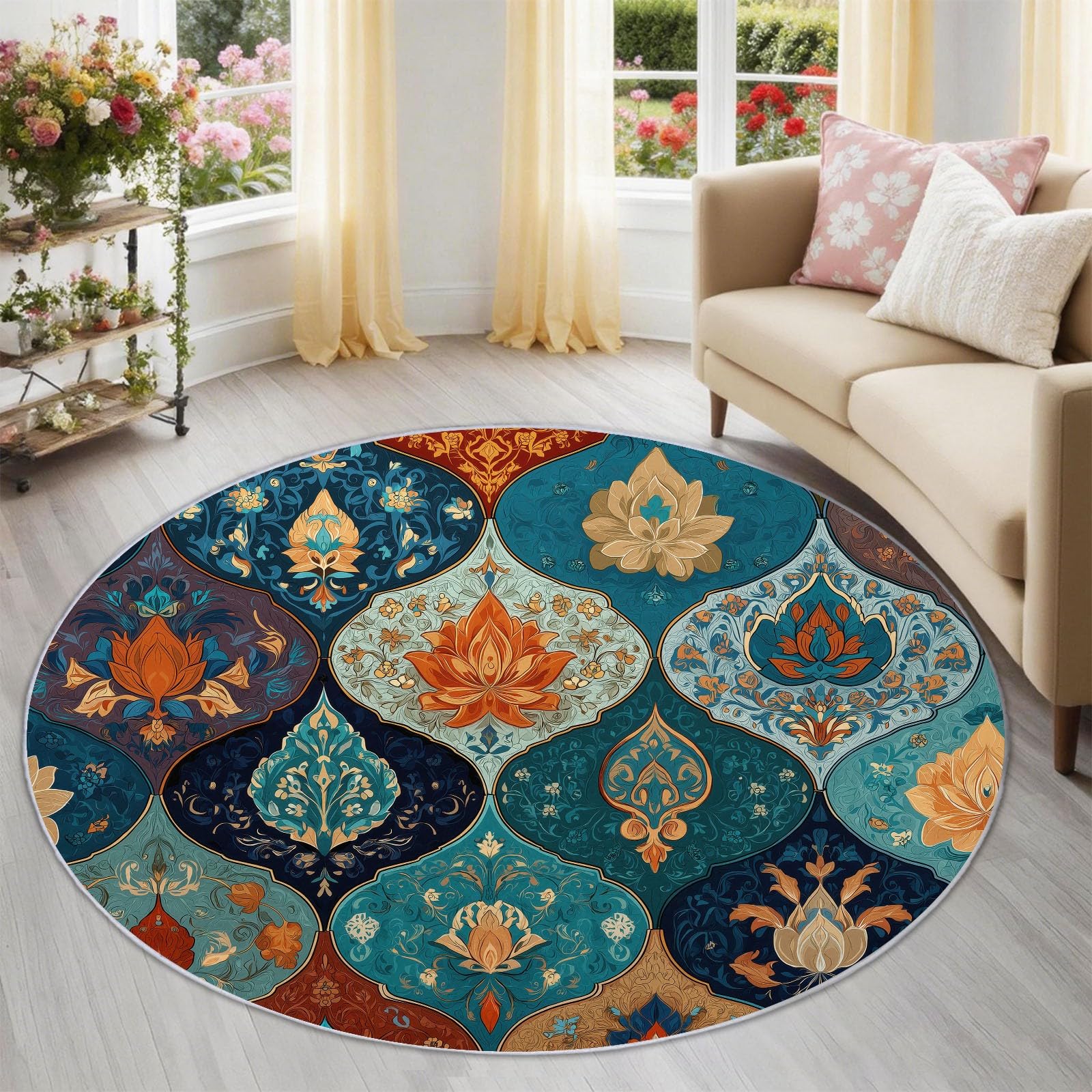 Tapis rond salon style céramique cyan impression traditionnelle de qualité