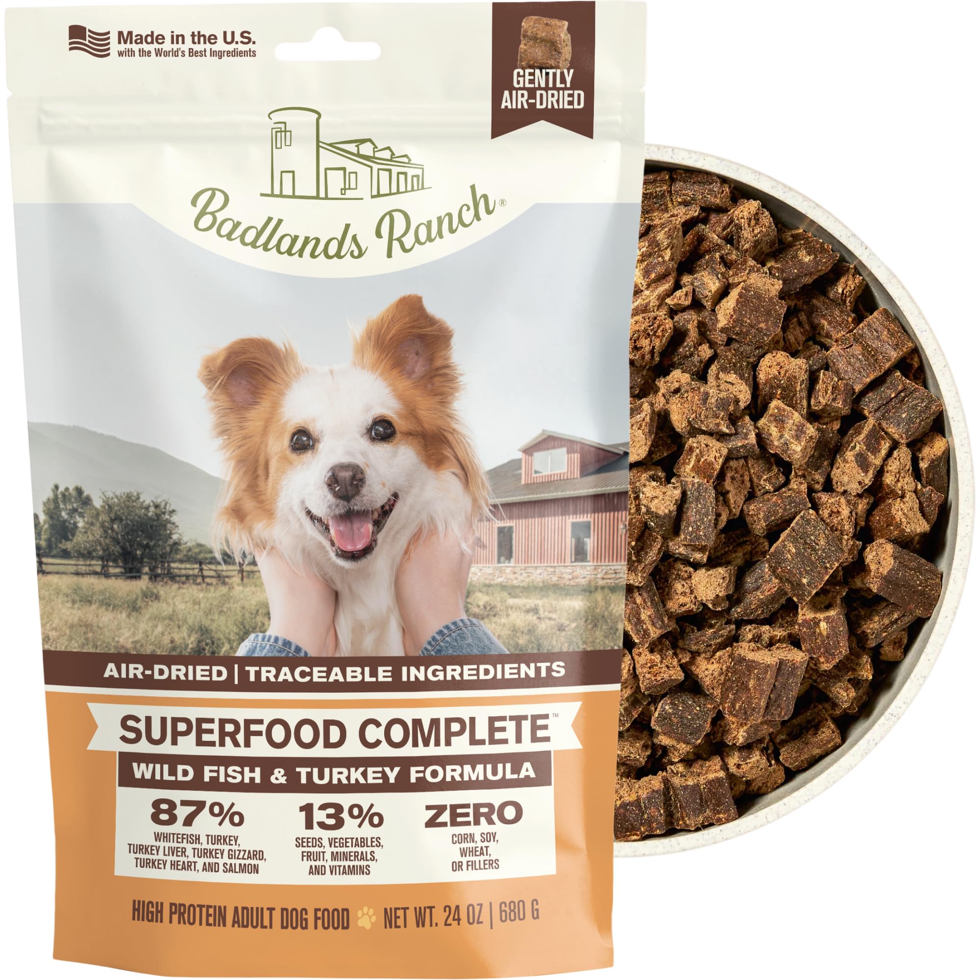 BADLANDS RANCH - Superfood completo, cibo per cani adulti essiccato all'aria - High Protein, Zero Fillers, Superfood Nutrition di Katherine Heigl (24 once. Formula di pesce selvatico e tacchino)