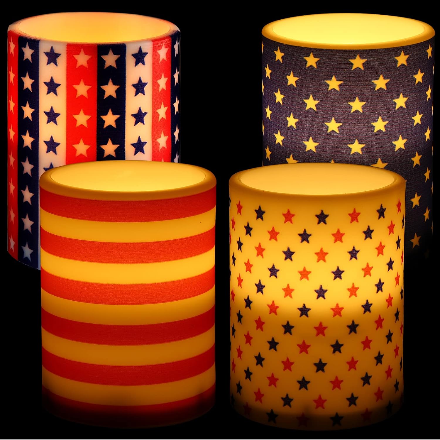 Treela Set of 4 Patriotic American Flag Flameless LED Battery Operated Pillar Candles 4th of July Candles 4th of July Decorations for Home