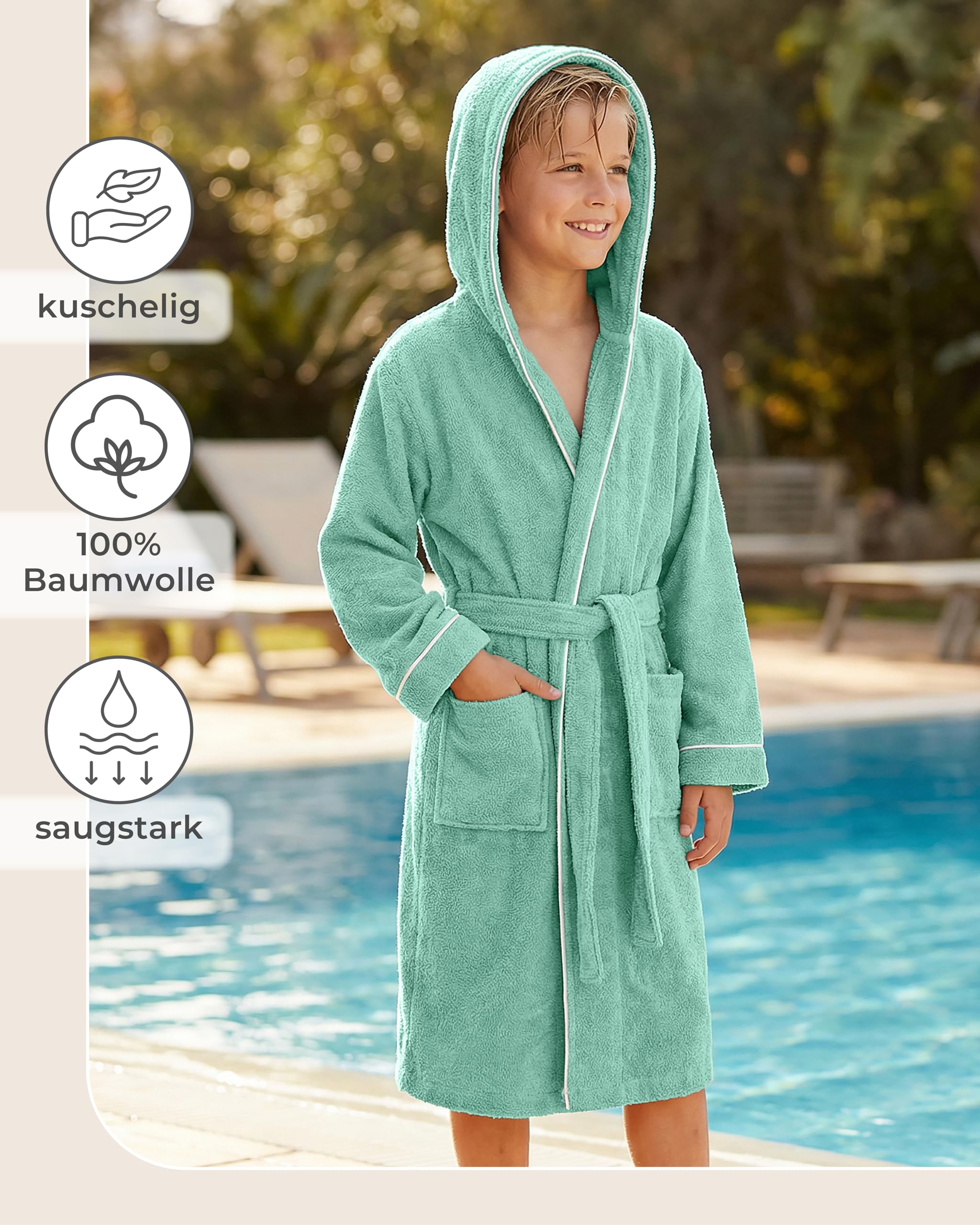 LAYNENBURG Premium Bademantel Kinder & Teenager mit Kapuze - 100% Baumwolle - OEKO TEX Standard 100 - flauschiges Frottee - Größen 110 bis 176