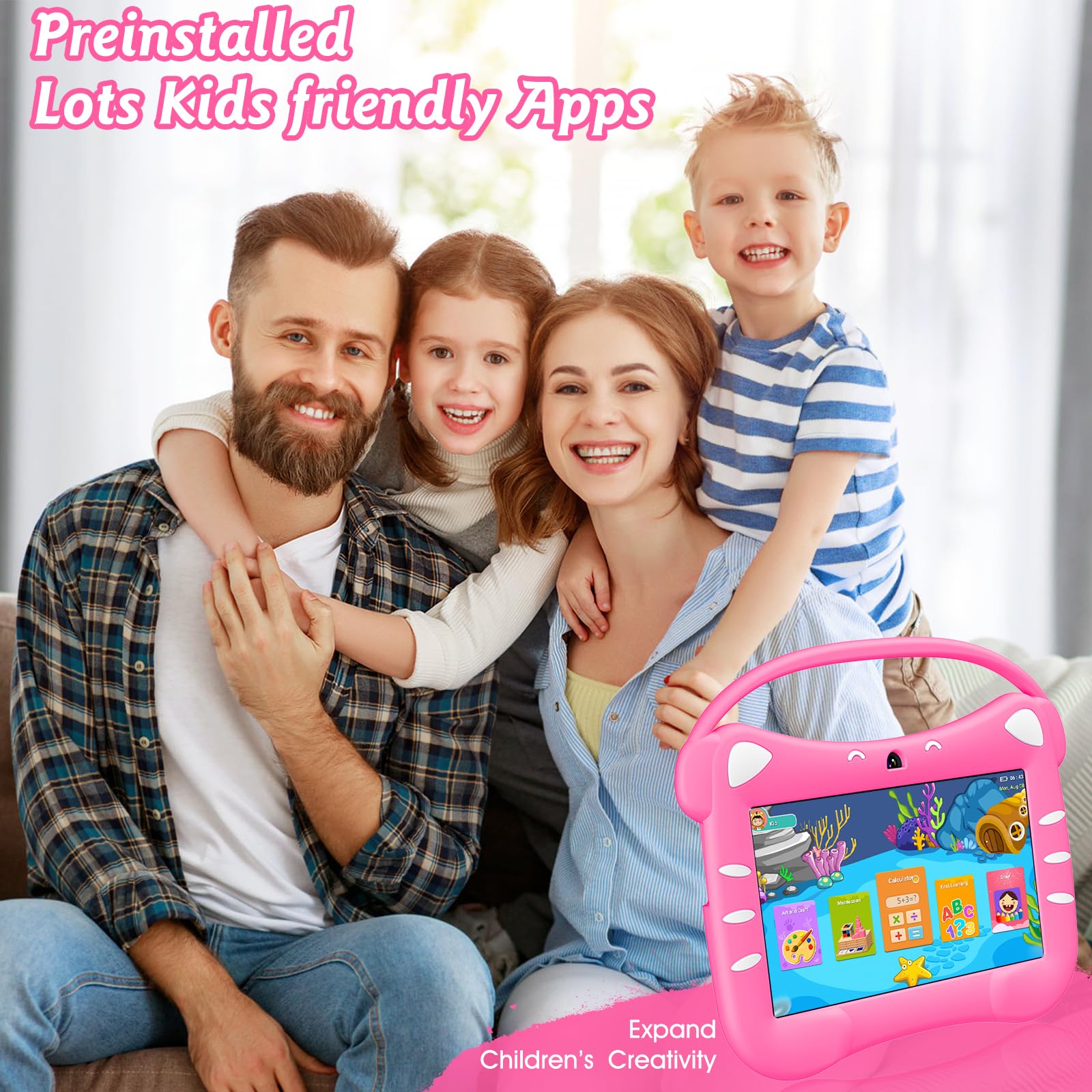 Tablet para Niños 7 Pulgadas Android Tableta Infantil con WiFi Bluetooth Doble Cámara Control Parental 32GB ROM Tablet Niños con Estuche Protector (Magenta)