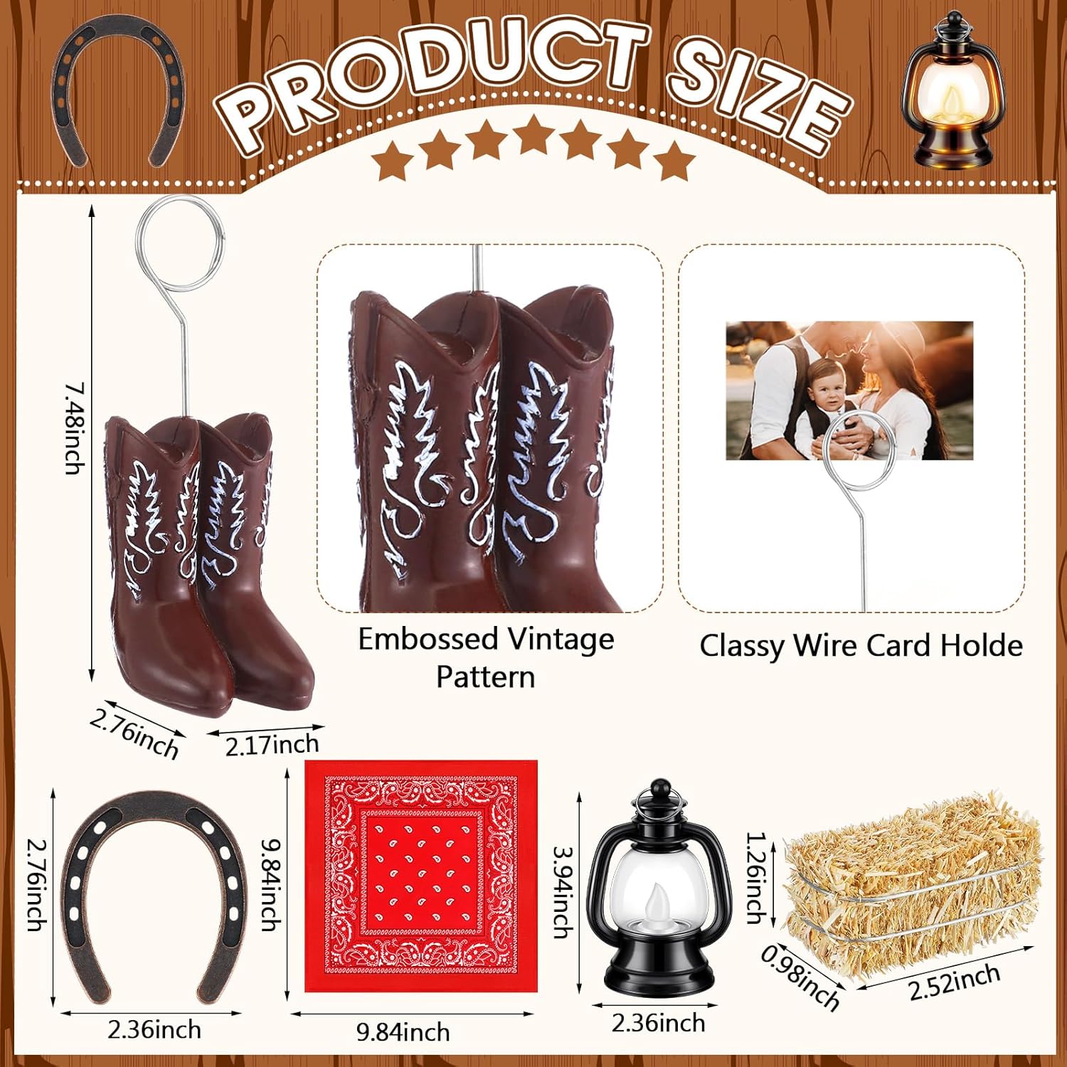 Amyhill 28 Pcs Western Cowboy Centerpieces for Table with Cowboy Boots Table Number Photo Balloon Holders Horseshoe Bandannas Mini Hay Bales Lantern for Western Wedding Birthday Vintage Party Decor