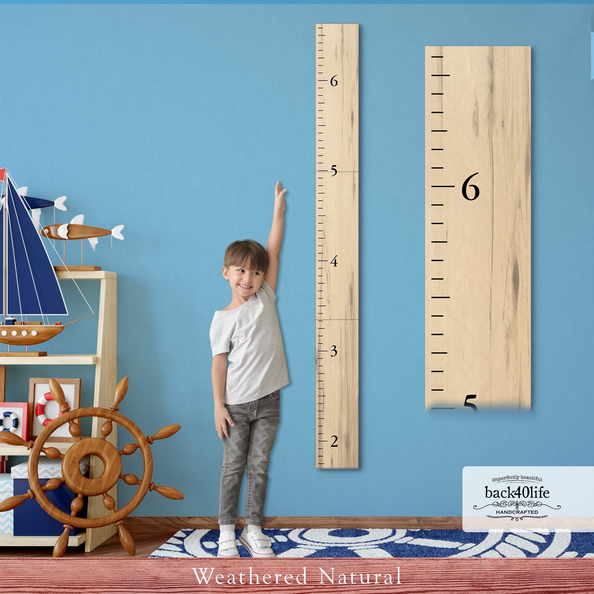 farmhouse style wooden kids growth chart ruler for boys and girls (weathered natural - bmk)