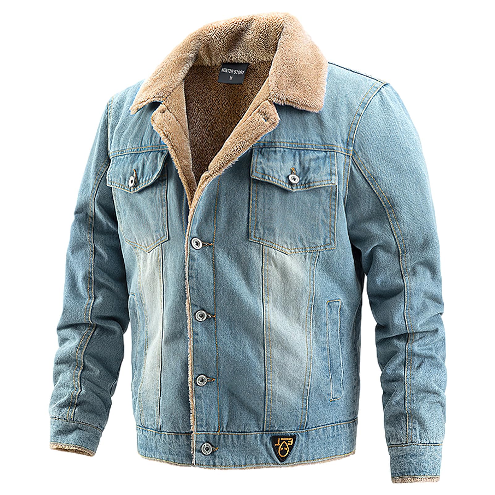 Hombre Invierno Chaqueta Vaquera con Forro Polar con Cuello Chaqueta Jeans de Felpa Cálida con Bolsillos
