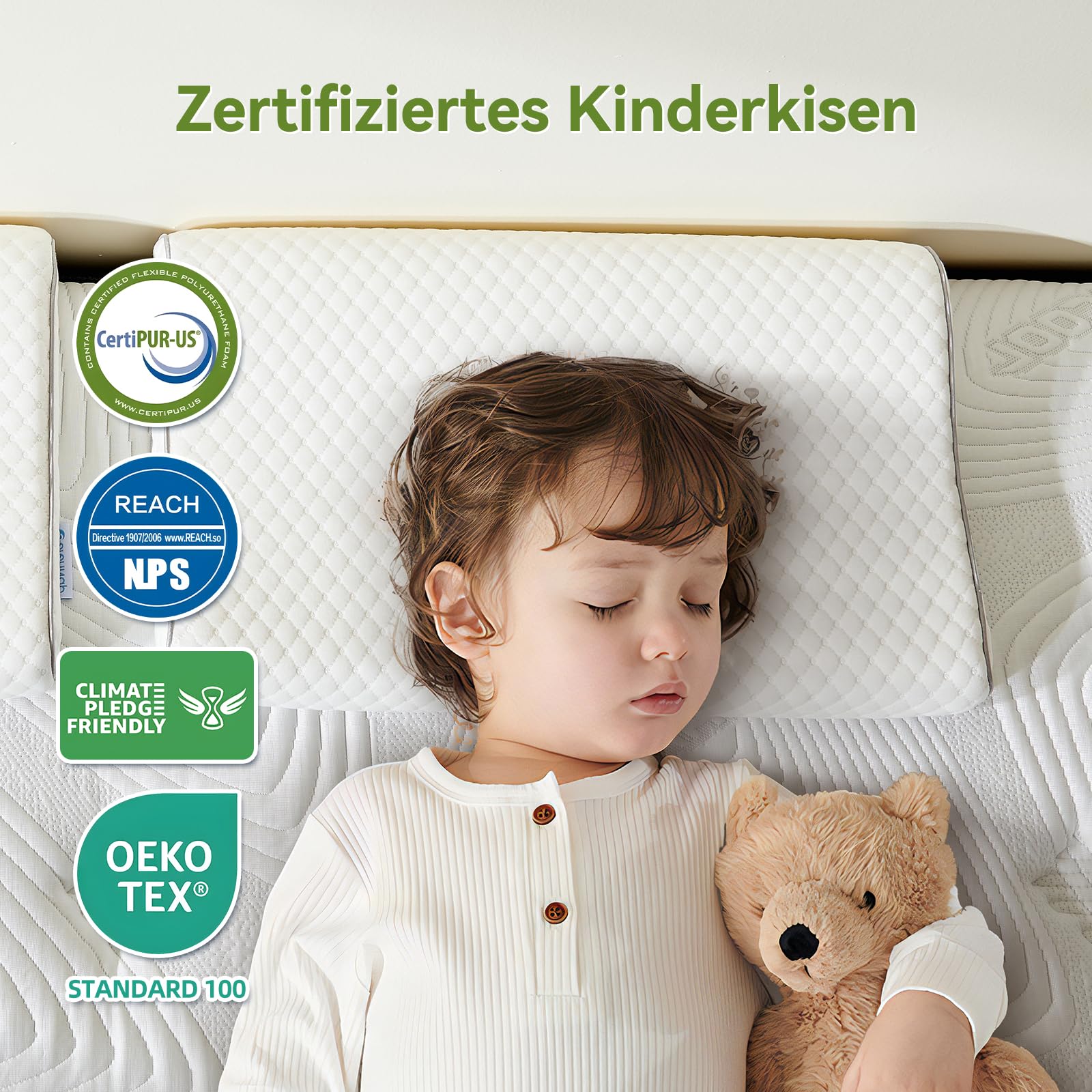 Cojín infantil Almohada para niños de 3 a 10 años, ergonómico, espuma con memoria, funda de algodón Öeko-Tex 30 x 51 x 4/6 cm, 2 alturas diferentes
