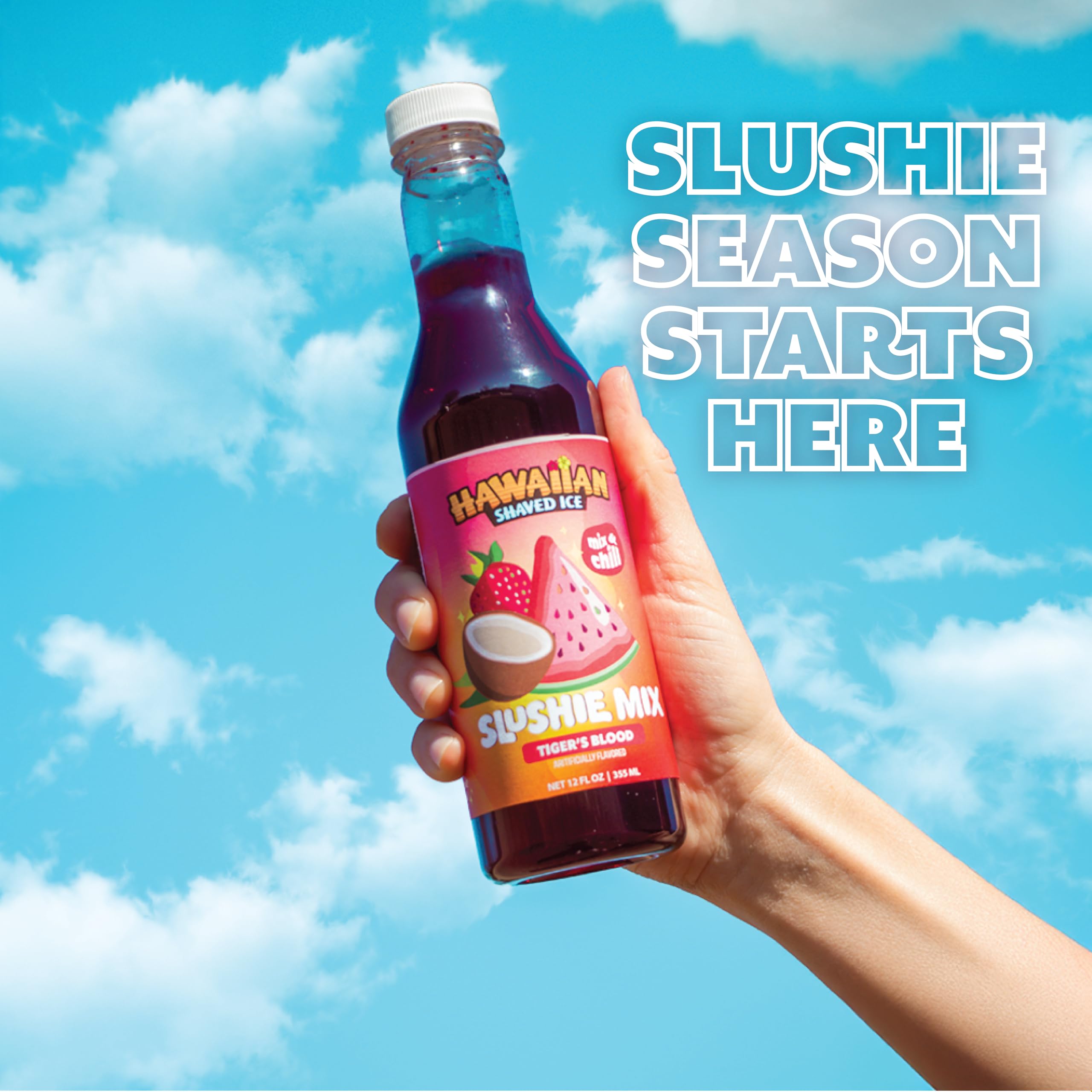 Amazon.com : Hawaiian Shaved Ice Slushie Syrups - Tiger's Blood Slushie  Mix, Strawberry, Watermelon & Coconut Flavor  Perfect for Slushies, 12 oz  Bottle, Mix with water, lemonade, juice and more : Everything Else