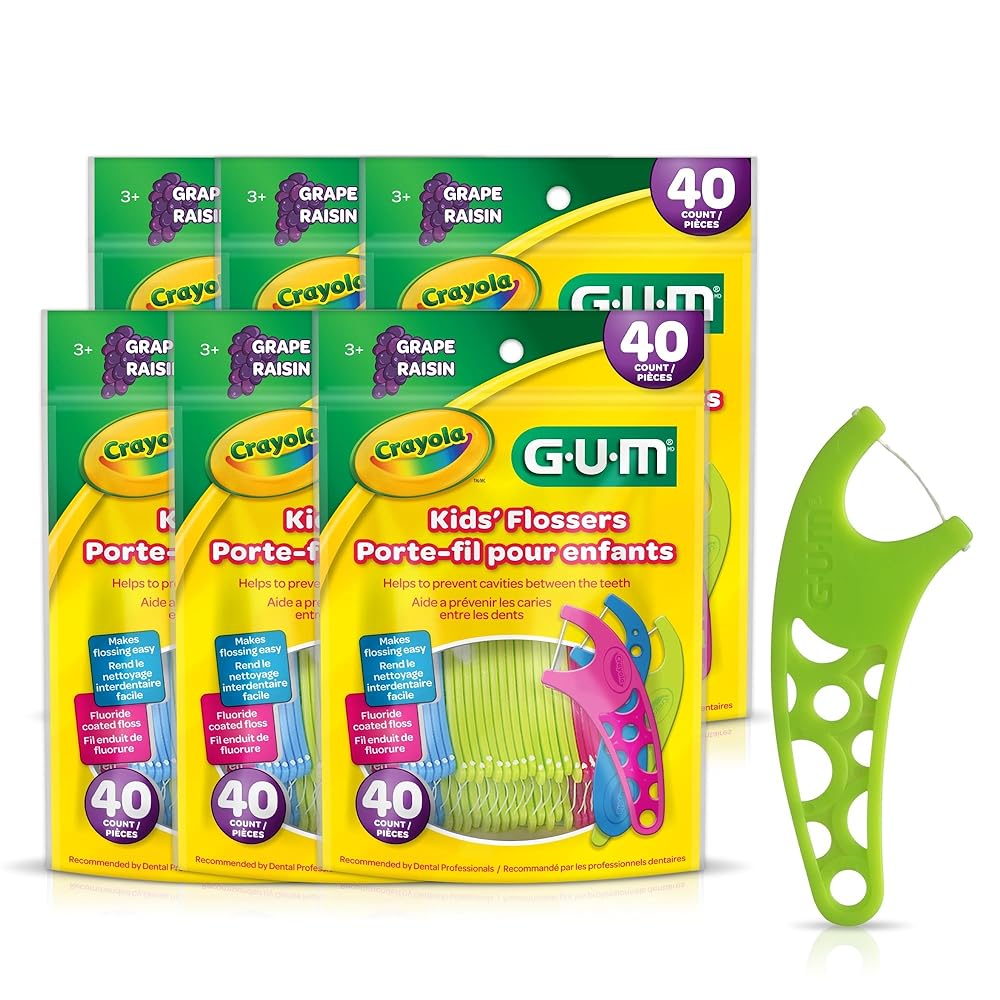 GUM Crayola Kids Flossers with Fluoride - Designed for Little Hands - Fun Grape Flavor - Easy to Use Kids Floss Picks for Children Ages 3+, 40 Count (Pack of 6)