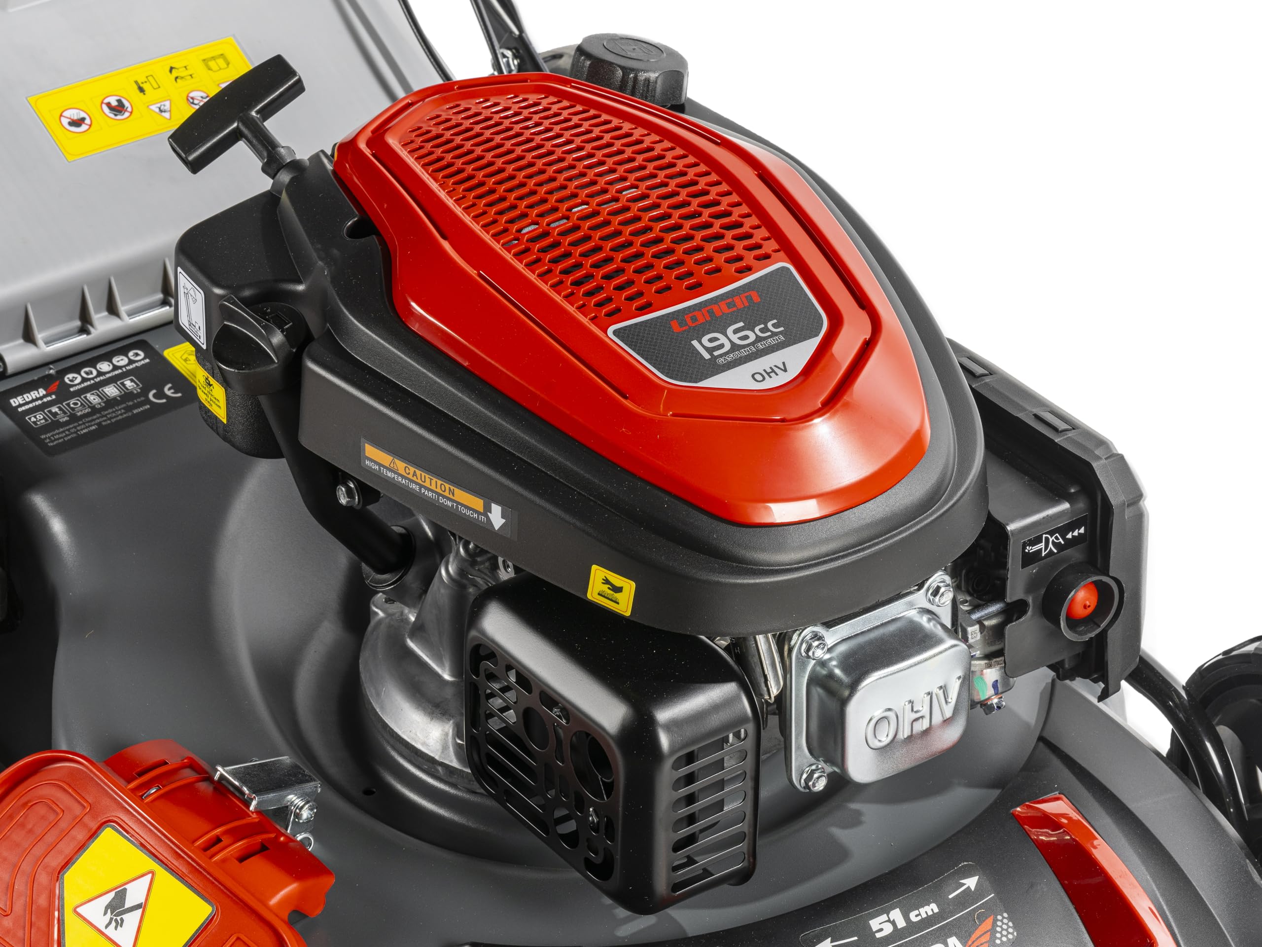 Garden DEDRA Tondeuse à Gazon à Essence avec Moteur 4,0 KW, Loncin 196 cm3, V200, 51 cm, Large Plage de Coupe, réglage Central de la Hauteur de Coupe, Fonction Mulching, Fonction de Nettoyage du