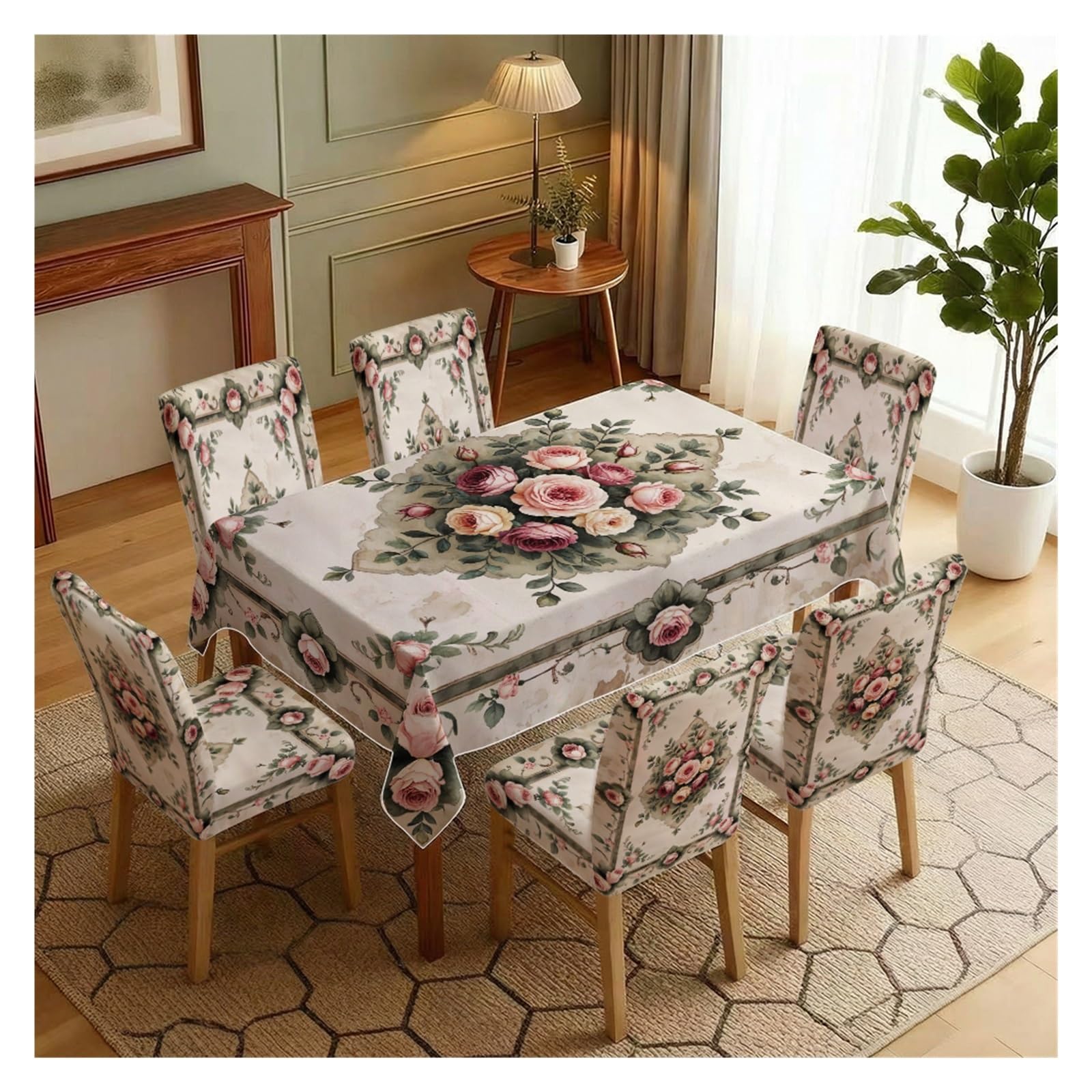 BOSUYBN Vintage Frame Pink Rose Floral Printed Dining Tablecloth & Chair Covers Set, 5/7 Piece Classic Victorian Cottage Home Decor Table Setting(7pcs Set: Tablecloth+Chair Covers)