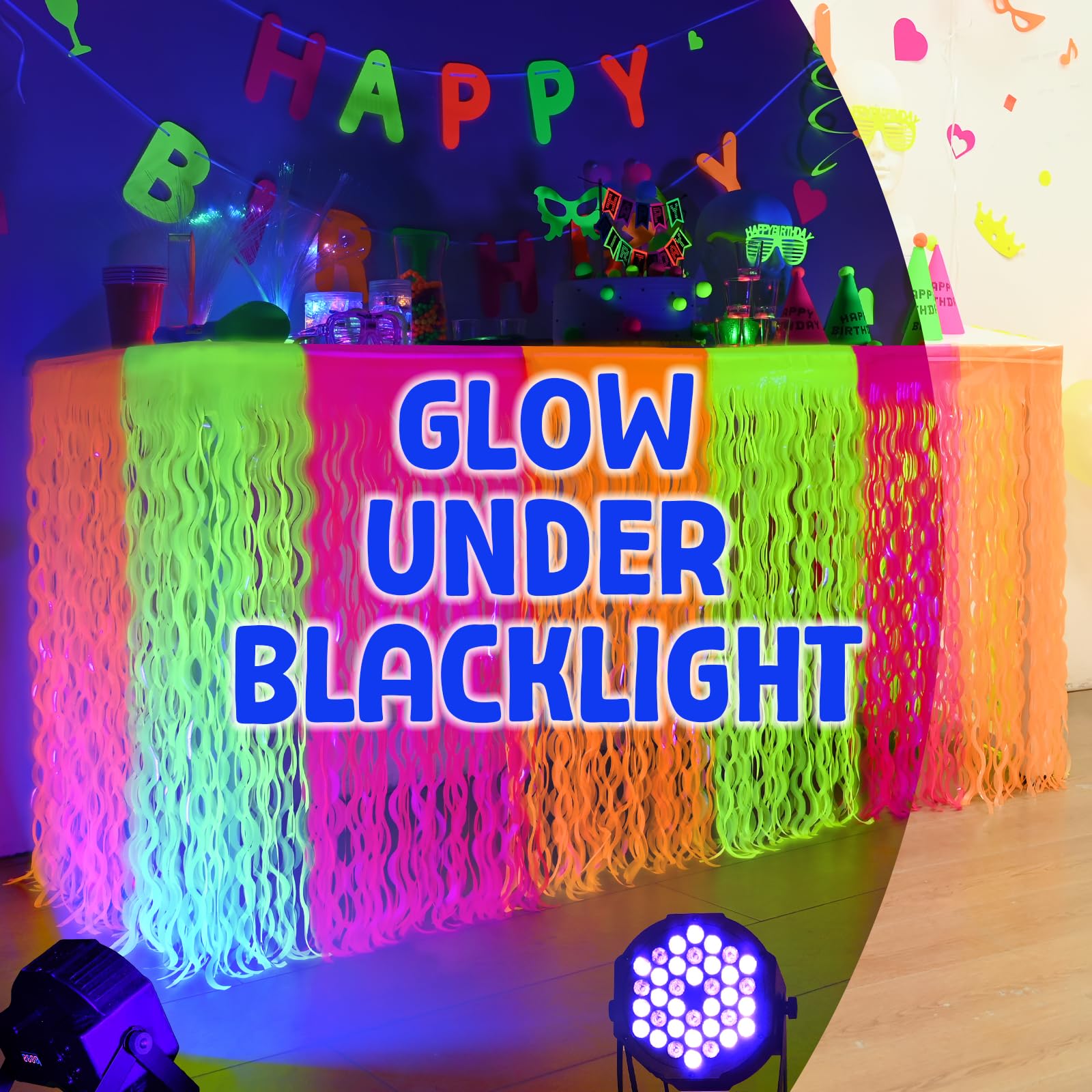 Mega-L Glow in The Dark Party Supplies, 2 Pack Neon Party Decorations Fluorescent Macaron Orange, Yellow and Fuchsia Wavy Metallic Tinsel Foil Fringe Table Skirts, Perfect Table Decors Glow Decors