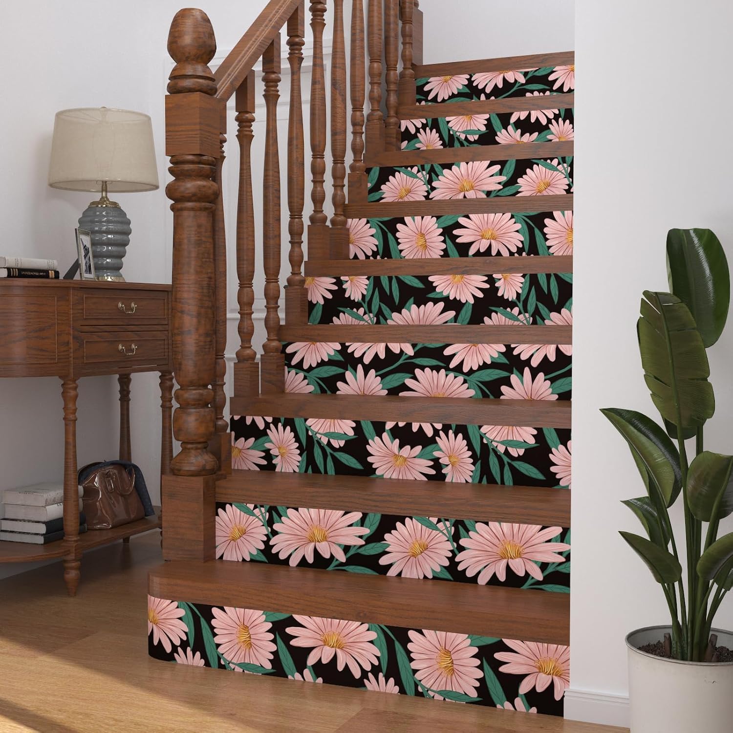 Boho Floral Peel and Stick Wallpaper, Removable Contact Paper, Waterproof Retro Pink Flower Wallpapers for Cabinet Countertop Daisy Black Pink 17.5In x32.8Ft